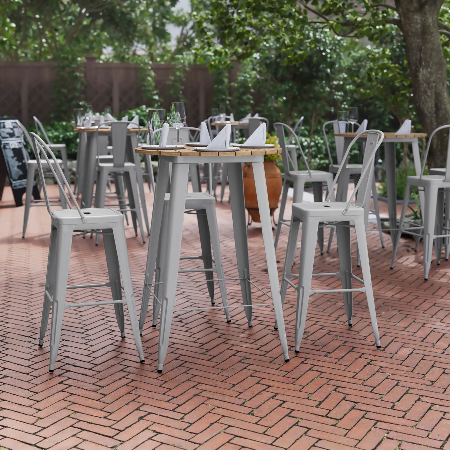 Declan Commercial Indoor/Outdoor Bar Top Table, 30" Round All Weather Brown Poly Resin Top with Silver Steel base Brown Top/Silver Frame