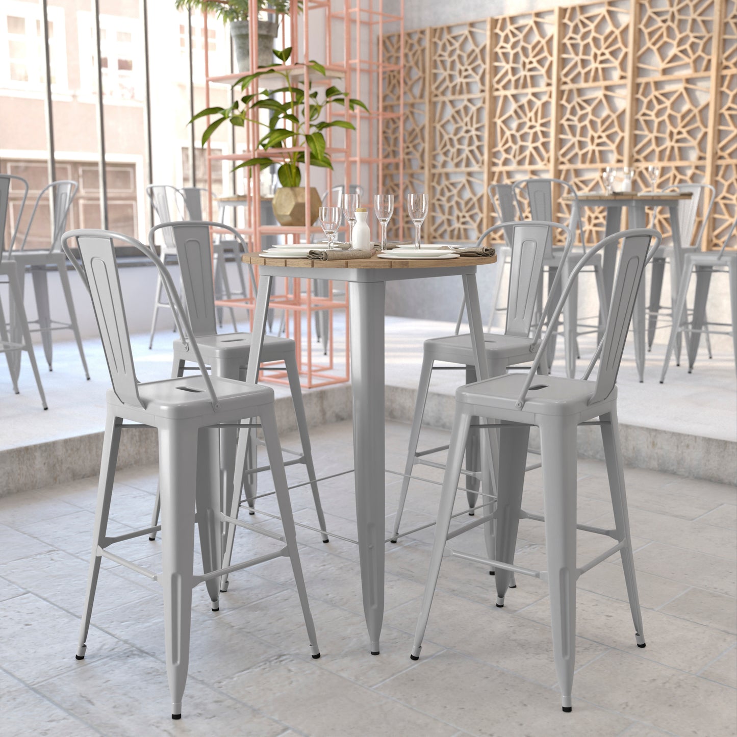 Declan Commercial Indoor/Outdoor Bar Top Table, 30" Round All Weather Brown Poly Resin Top with Silver Steel base Brown Top/Silver Frame
