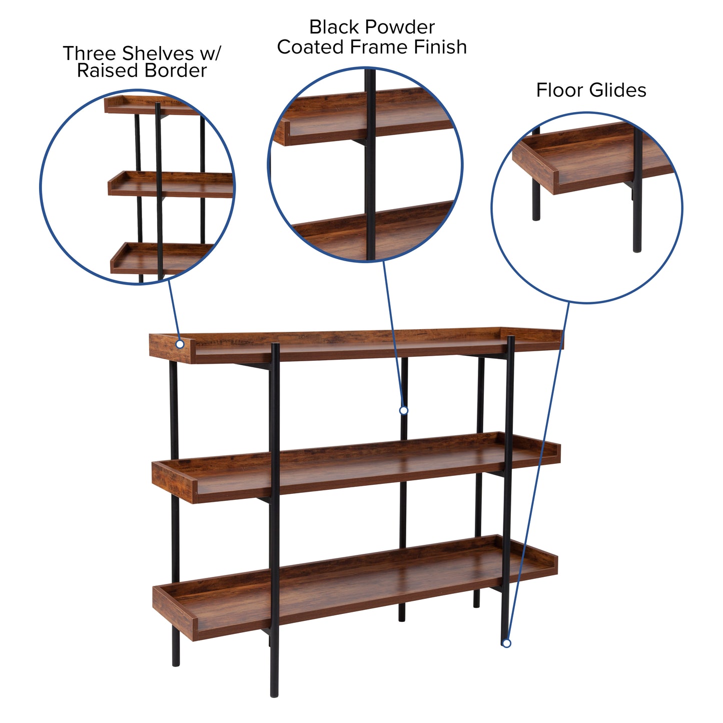 Mayfair 3 Shelf 35"H Storage Display Unit Bookcase with Black Metal Frame in Rustic Wood Grain Finish Rustic