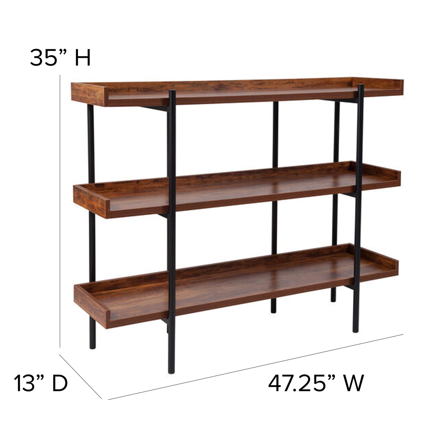 Mayfair 3 Shelf 35"H Storage Display Unit Bookcase with Black Metal Frame in Rustic Wood Grain Finish Rustic