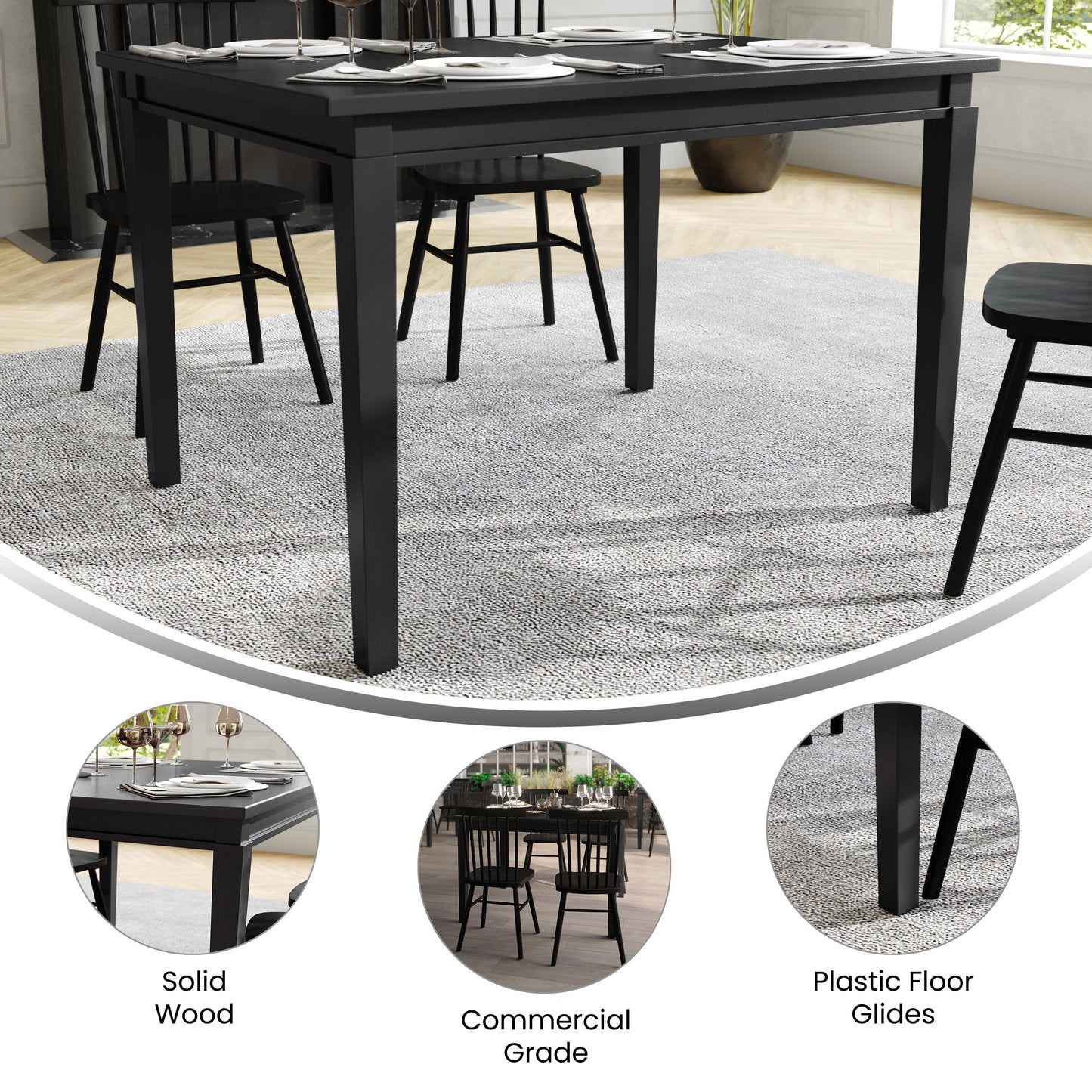 Henry 47" Solid Wood Dining Table, Commercial Grade Heavy Duty Rectangle Wood Table for 4, Black Matte Finish Black Matte