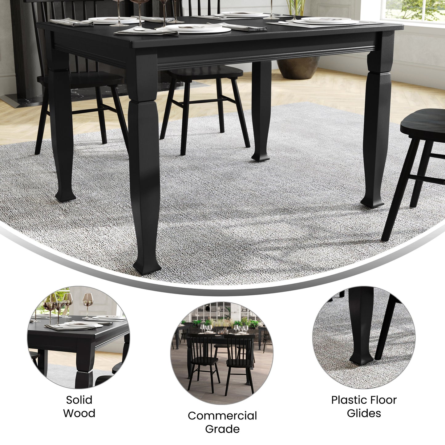 Grace 47" Solid Wood Dining Table with Turned Wooden Legs, Commercial Grade Heavy Duty Rectangle Wood Table for 4, Black Finish Black Matte