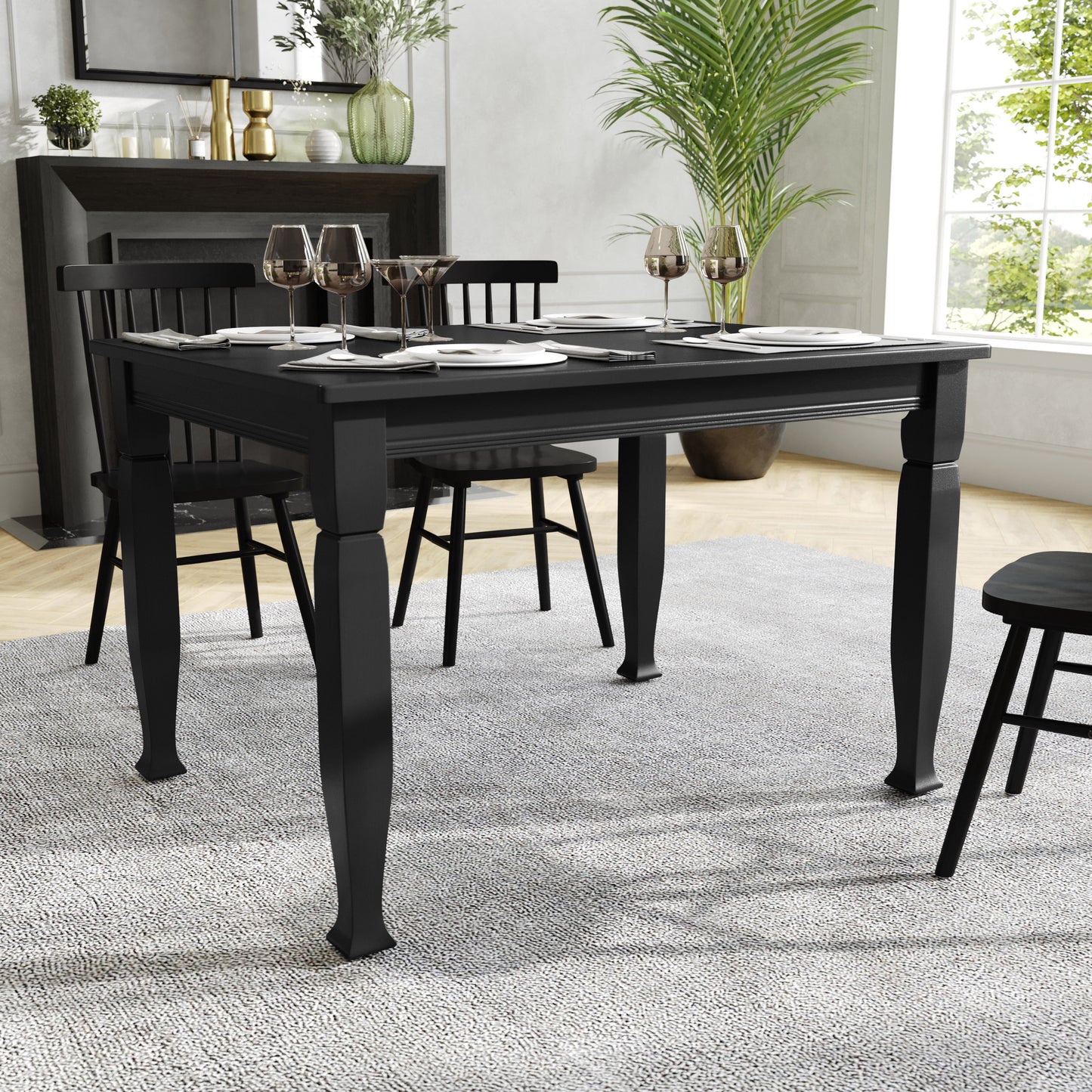 Grace 47" Solid Wood Dining Table with Turned Wooden Legs, Commercial Grade Heavy Duty Rectangle Wood Table for 4, Black Finish Black Matte