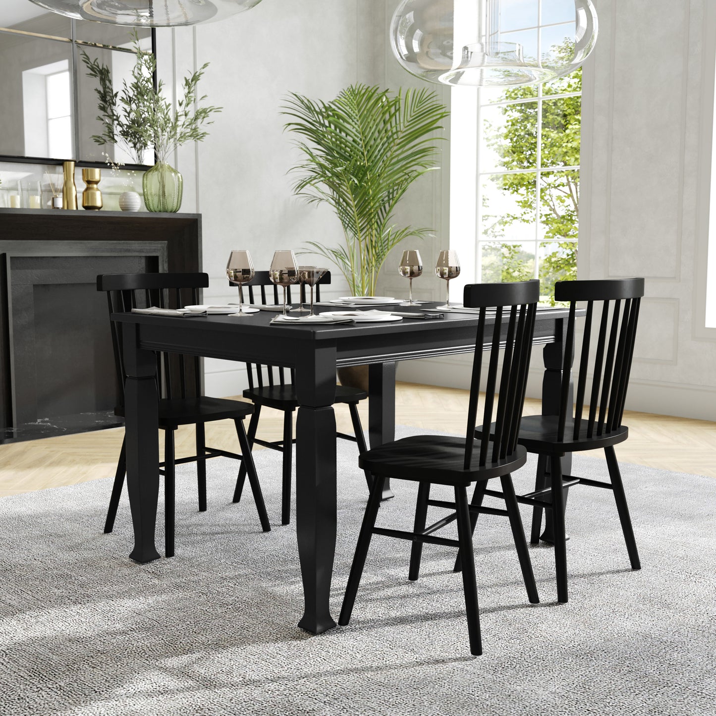 Grace 47" Solid Wood Dining Table with Turned Wooden Legs, Commercial Grade Heavy Duty Rectangle Wood Table for 4, Black Finish Black Matte