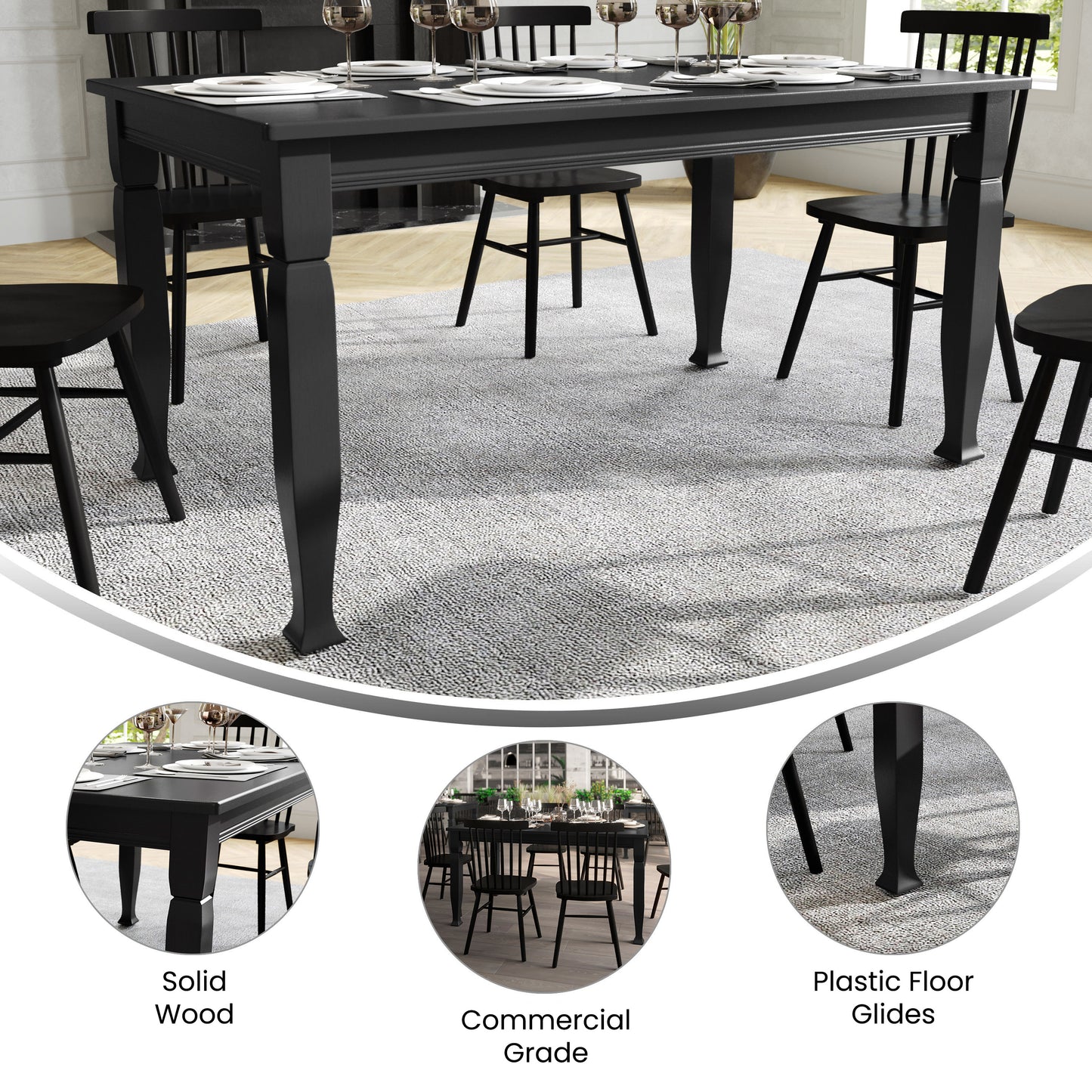 Grace 60" Solid Wood Dining Table with Turned Wooden Legs, Commercial Grade Heavy Duty Rectangle Wood Table for 6, Black Finish Black Matte