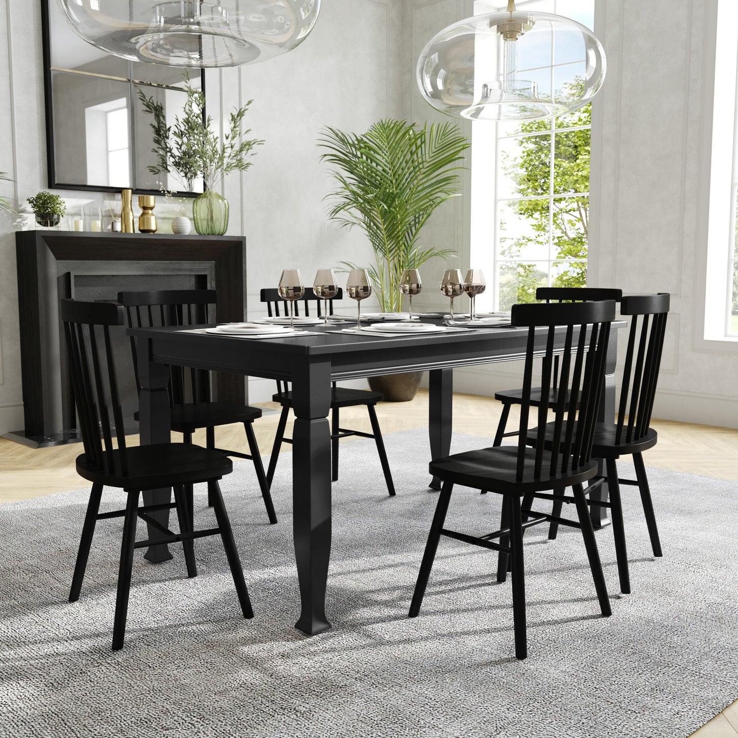 Grace 60" Solid Wood Dining Table with Turned Wooden Legs, Commercial Grade Heavy Duty Rectangle Wood Table for 6, Black Finish Black Matte