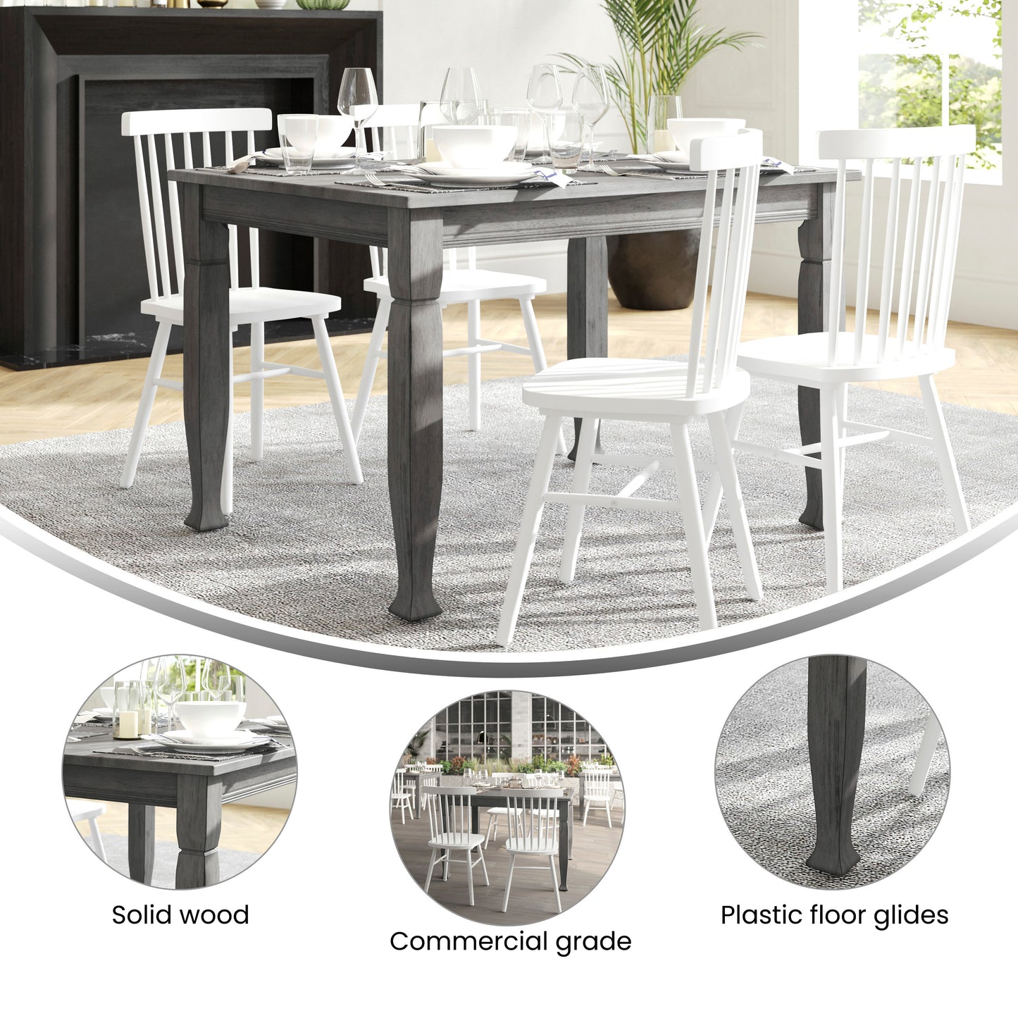 Grace 47" Solid Wood Dining Table with Turned Wooden Legs, Commercial Grade Heavy Duty Rectangle Wood Table for 4, Antique Gray Finish Antique Gray