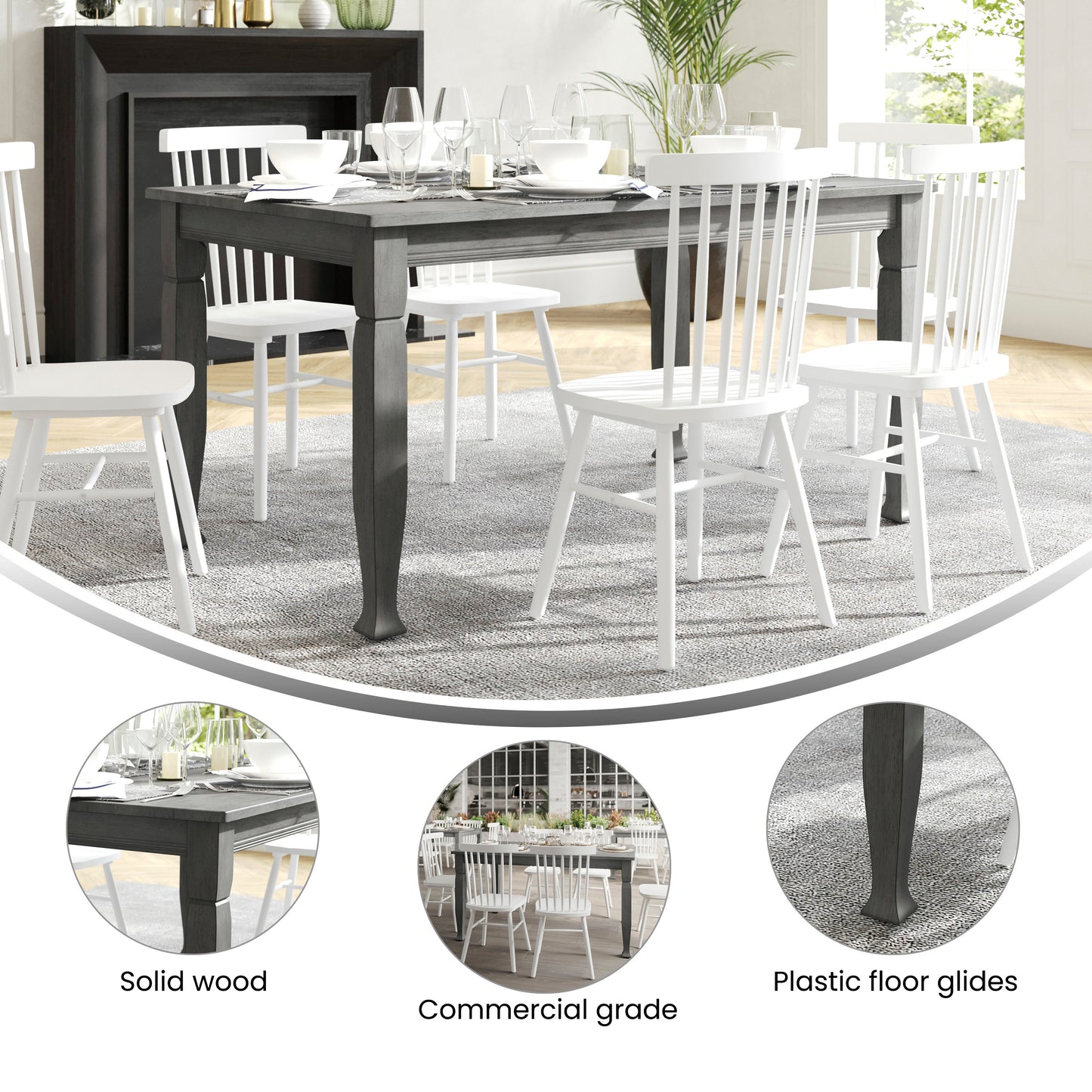 Grace 60" Solid Wood Dining Table with Turned Wooden Legs, Commercial Grade Heavy Duty Rectangle Wood Table for 6, Antique Gray Finish Antique Gray
