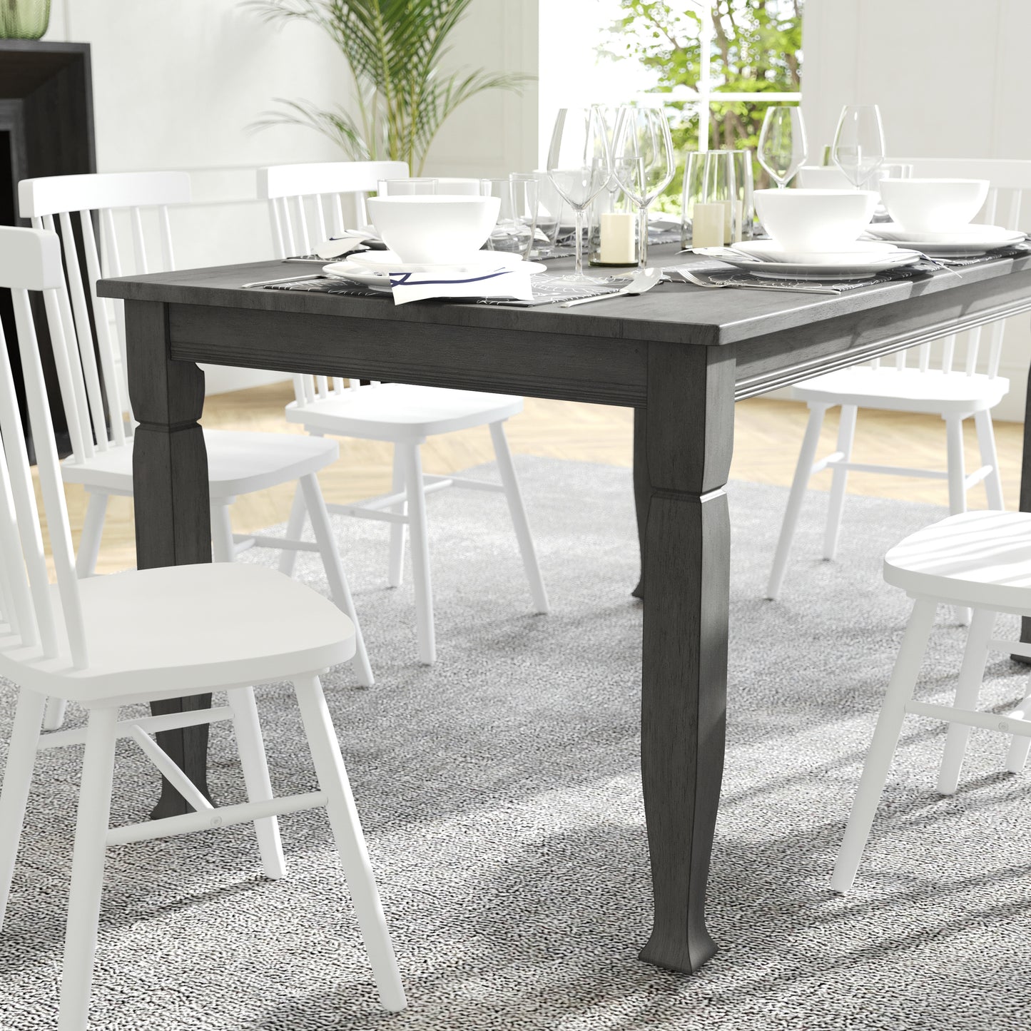 Grace 60" Solid Wood Dining Table with Turned Wooden Legs, Commercial Grade Heavy Duty Rectangle Wood Table for 6, Antique Gray Finish Antique Gray