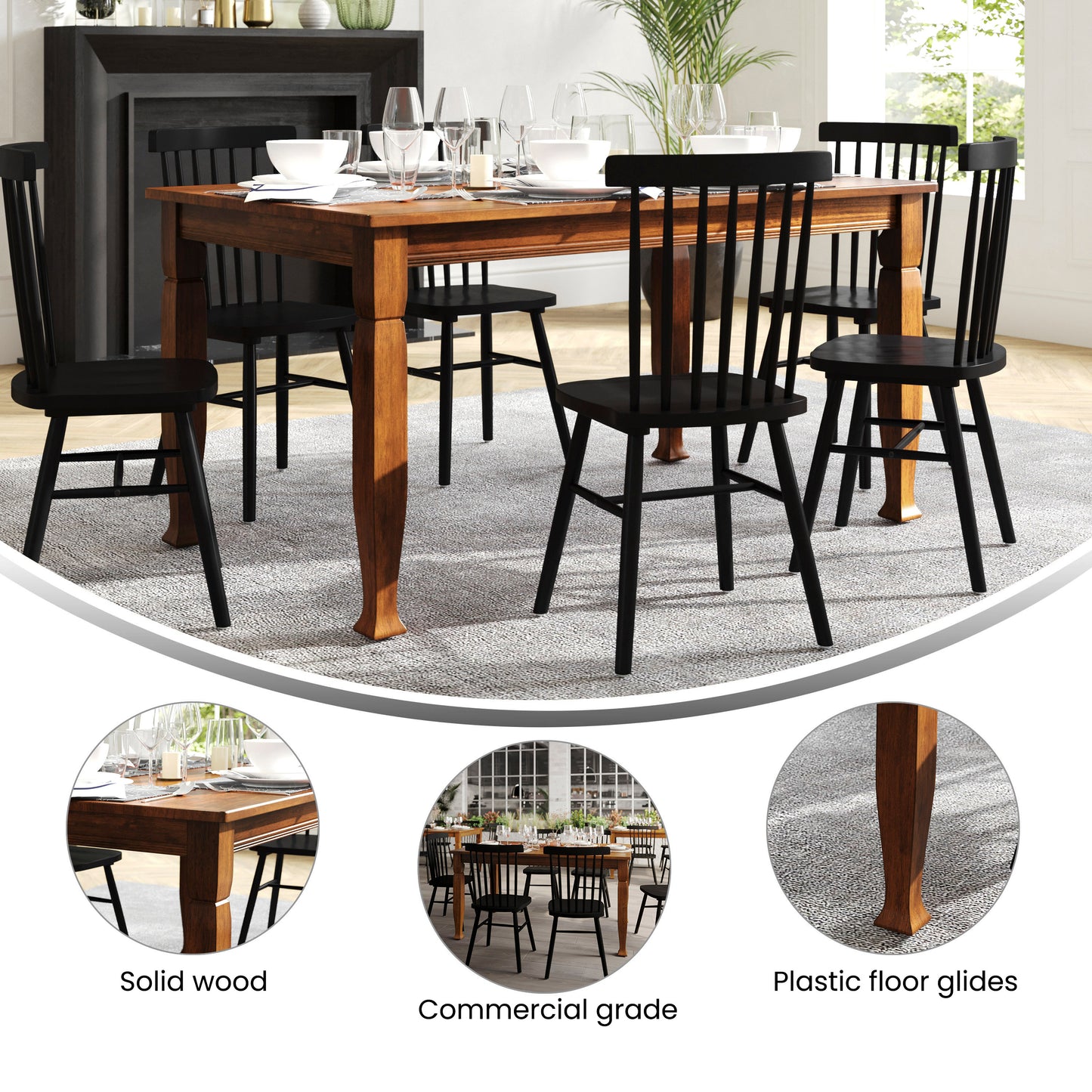 Grace 60" Solid Wood Dining Table with Turned Wooden Legs, Commercial Grade Heavy Duty Rectangle Wood Table for 6, Walnut Matte Finish Walnut Matte