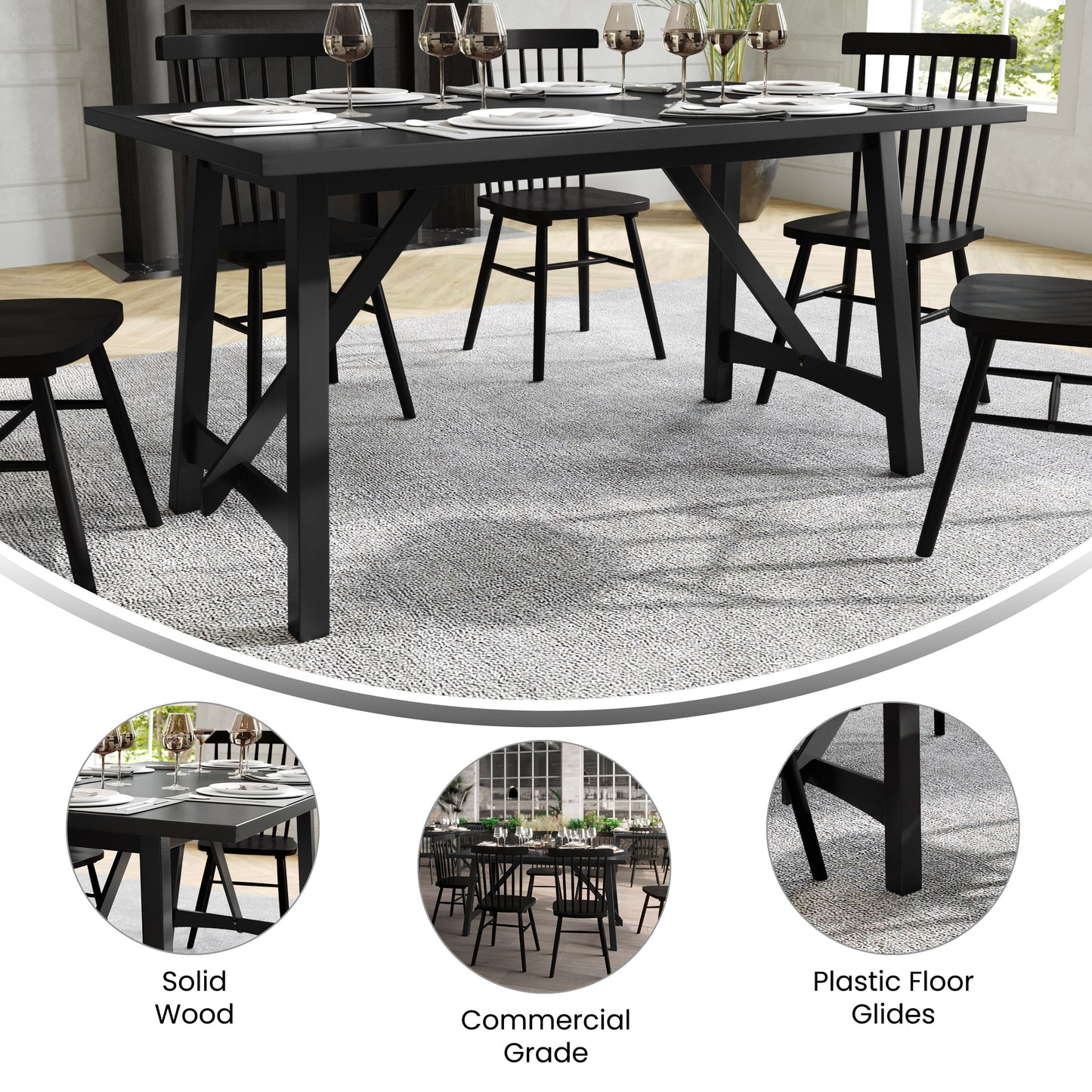 Everly 60" Solid Wood Trestle Base Dining Table, Farmhouse Style Commercial Grade Table with Seating for 6, Black Finish Black Matte