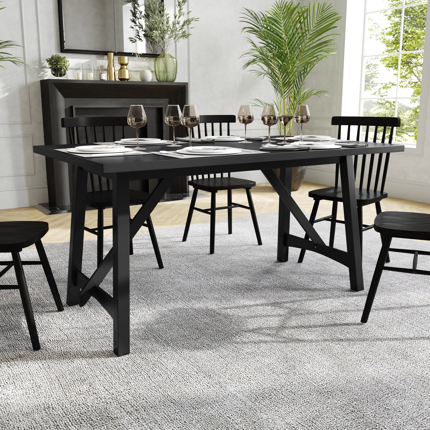 Everly 60" Solid Wood Trestle Base Dining Table, Farmhouse Style Commercial Grade Table with Seating for 6, Black Finish Black Matte