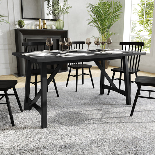 Everly 60" Solid Wood Trestle Base Dining Table, Farmhouse Style Commercial Grade Table with Seating for 6, Black Finish Black Matte