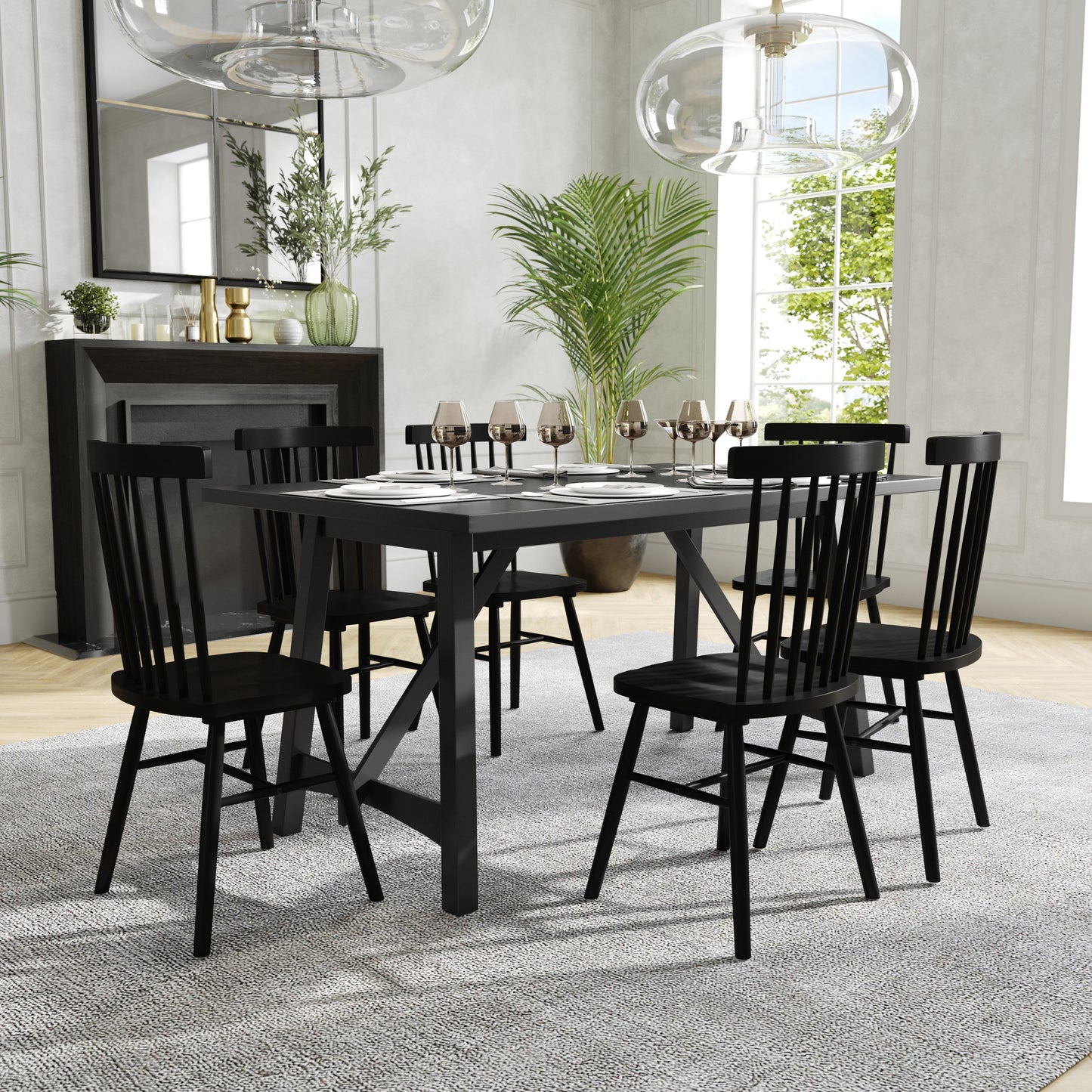 Everly 60" Solid Wood Trestle Base Dining Table, Farmhouse Style Commercial Grade Table with Seating for 6, Black Finish Black Matte