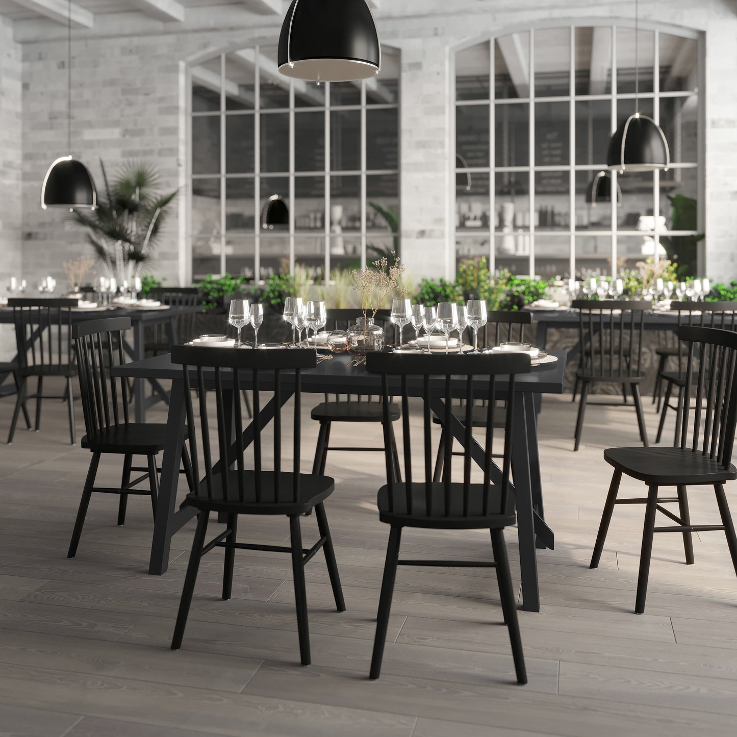 Everly 60" Solid Wood Trestle Base Dining Table, Farmhouse Style Commercial Grade Table with Seating for 6, Black Finish Black Matte