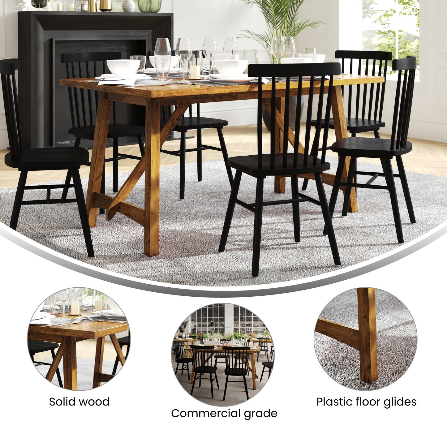 Everly 60" Solid Wood Trestle Base Dining Table, Farmhouse Style Commercial Grade Table with Seating for 6, Light Cappuccino Finish Light Cappuccino
