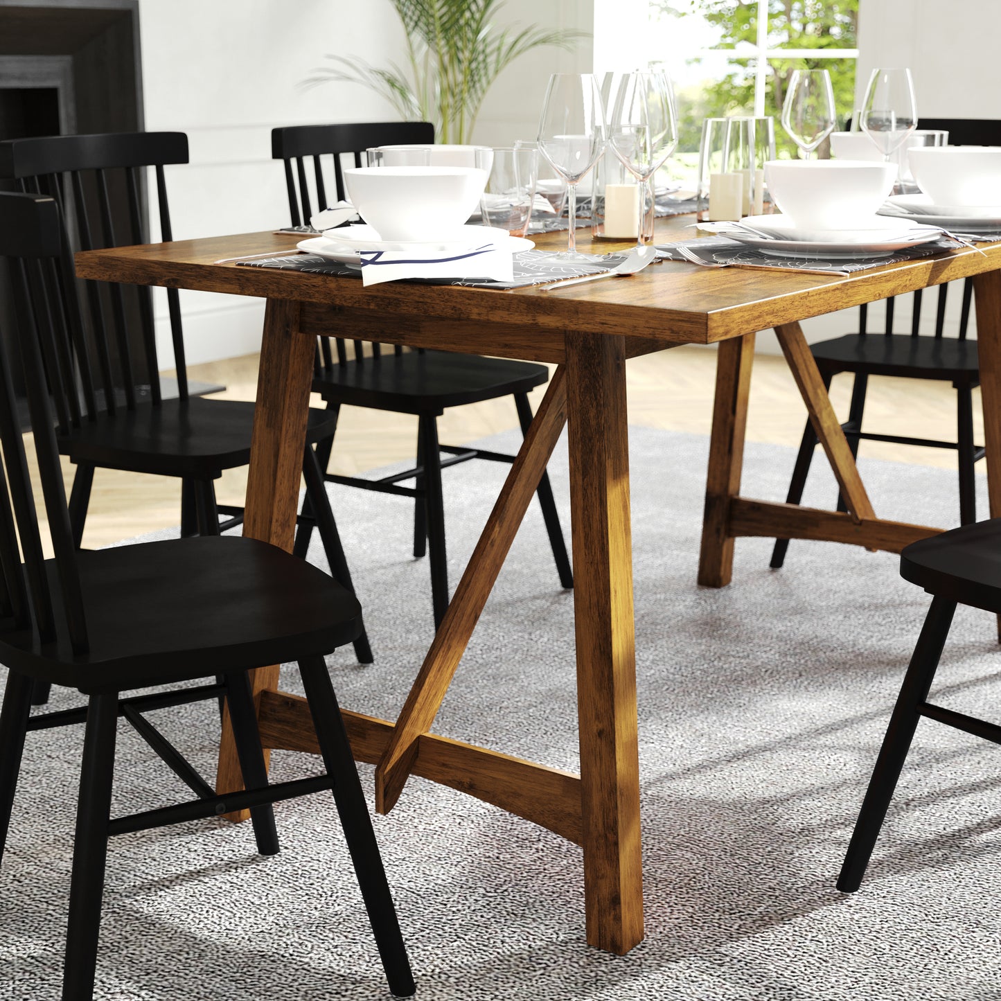 Everly 60" Solid Wood Trestle Base Dining Table, Farmhouse Style Commercial Grade Table with Seating for 6, Light Cappuccino Finish Light Cappuccino