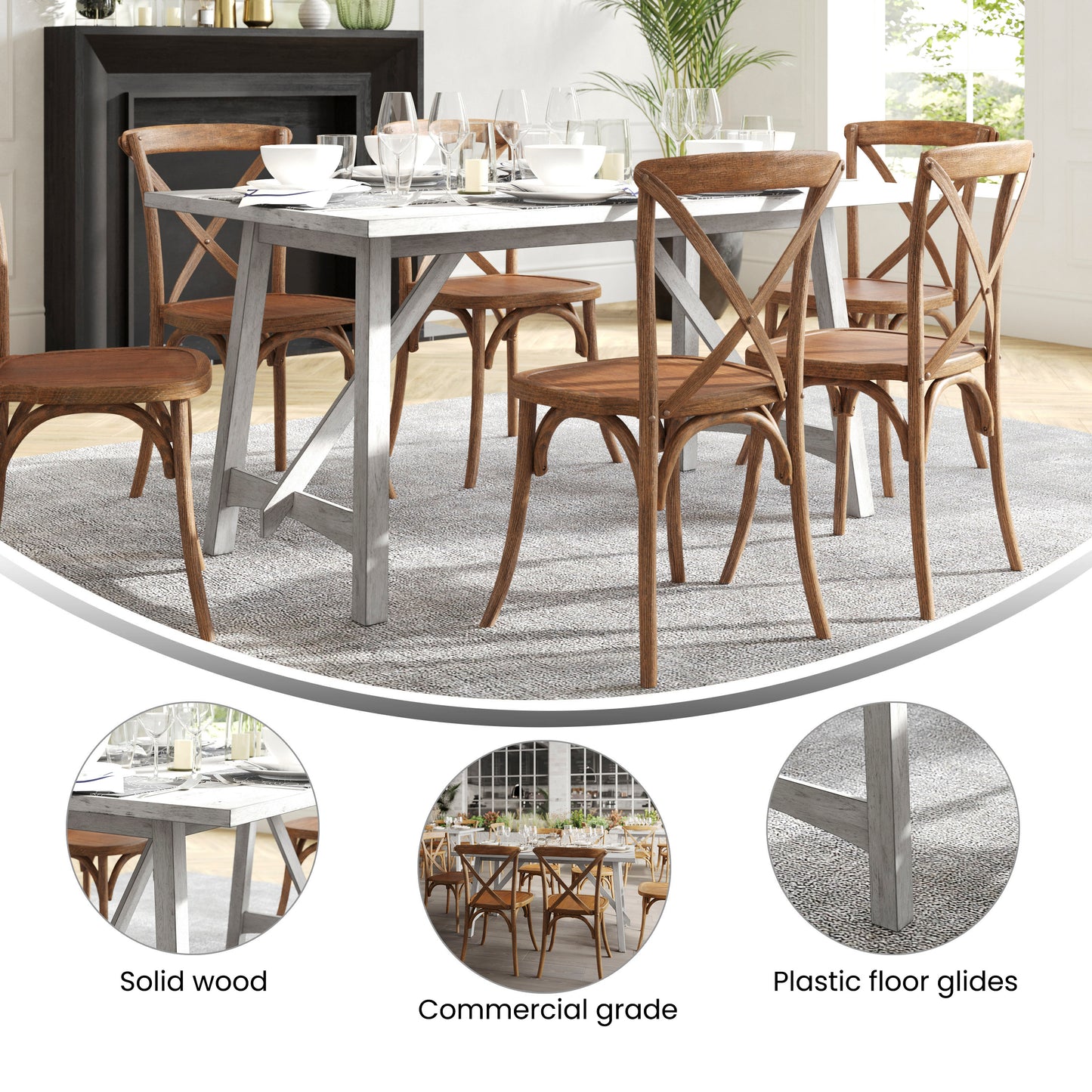 Everly 60" Solid Wood Trestle Base Dining Table, Farmhouse Style Commercial Grade Table with Seating for 6, Antique White Finish Antique White
