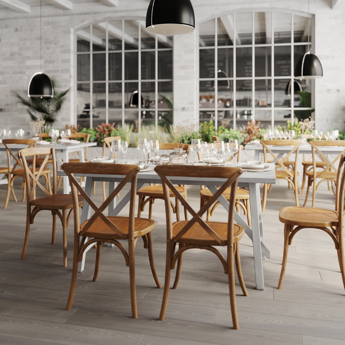 Everly 60" Solid Wood Trestle Base Dining Table, Farmhouse Style Commercial Grade Table with Seating for 6, Antique White Finish Antique White