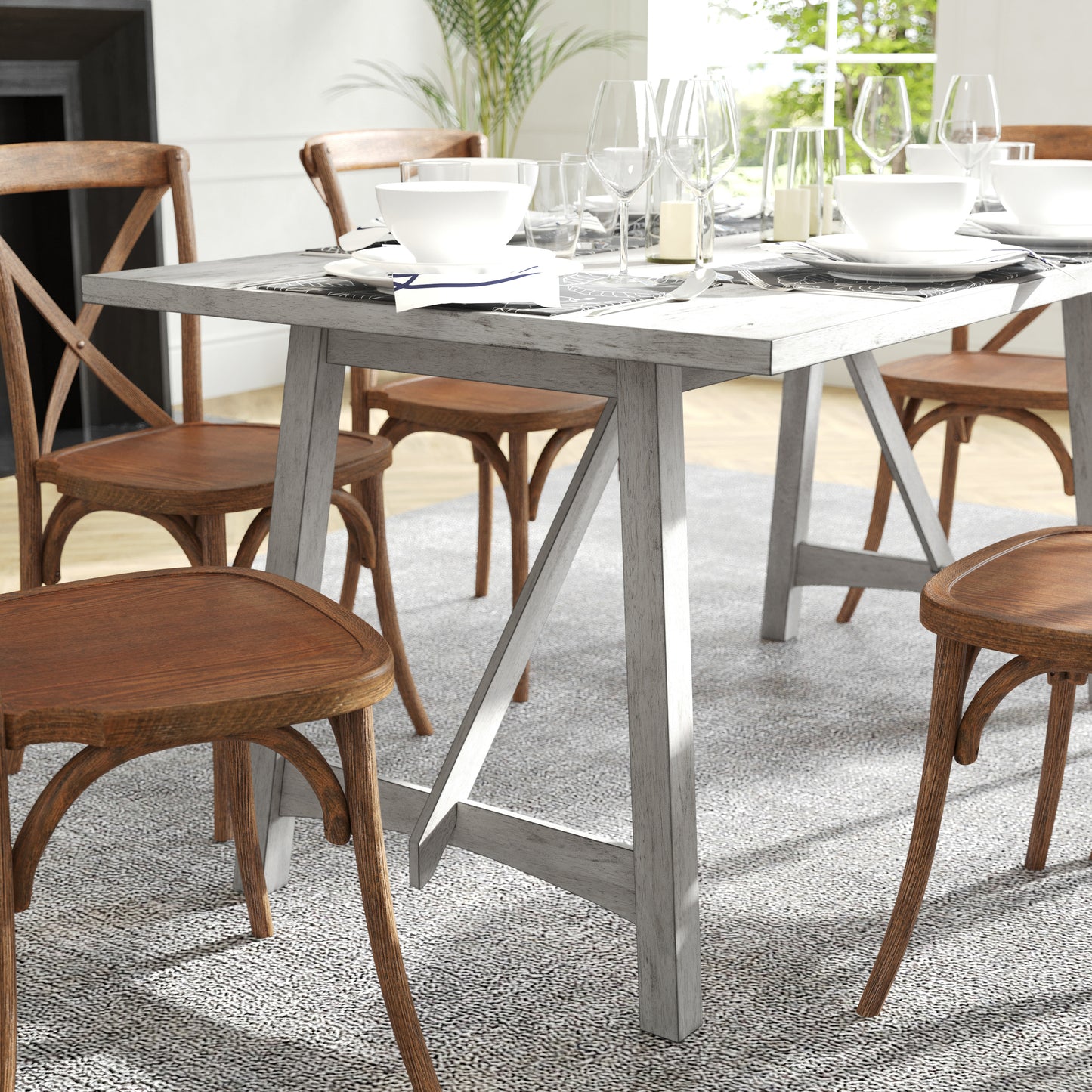 Everly 60" Solid Wood Trestle Base Dining Table, Farmhouse Style Commercial Grade Table with Seating for 6, Antique White Finish Antique White