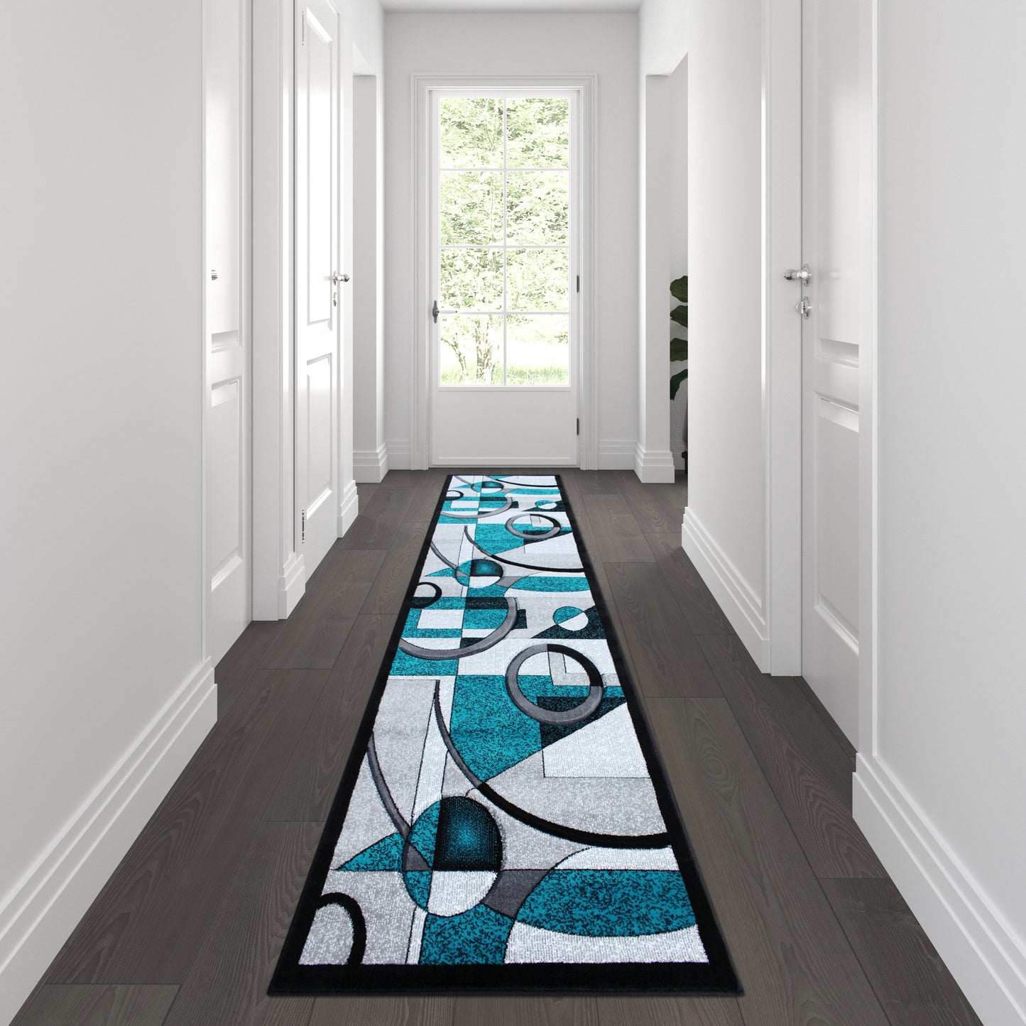 Elias Collection 3' x 10' Turquoise Geometric Abstract Area Rug - Olefin Rug with Jute Backing - Hallway, Entryway, or Bedroom Turquoise
