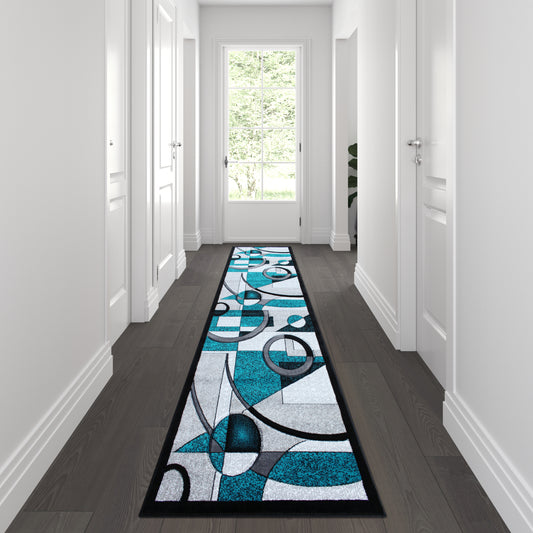 Elias Collection 3' x 10' Turquoise Geometric Abstract Area Rug - Olefin Rug with Jute Backing - Hallway, Entryway, or Bedroom Turquoise