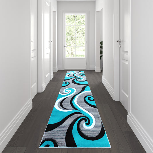 Athos Collection 3' x 10' Turquoise Abstract Area Rug - Olefin Rug with Jute Backing - Hallway, Entryway, or Bedroom Turquoise KP-RG952-310-TQ-GG