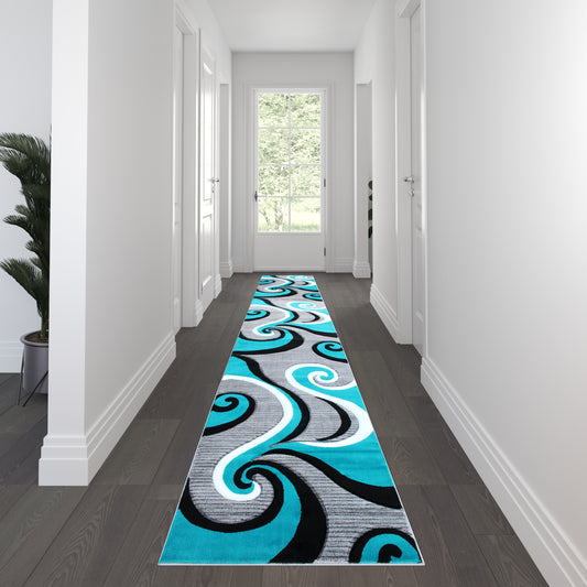 Athos Collection 3' x 16' Turquoise Abstract Area Rug - Olefin Rug with Jute Backing - Hallway, Entryway, or Bedroom Turquoise KP-RG952-316-TQ-GG