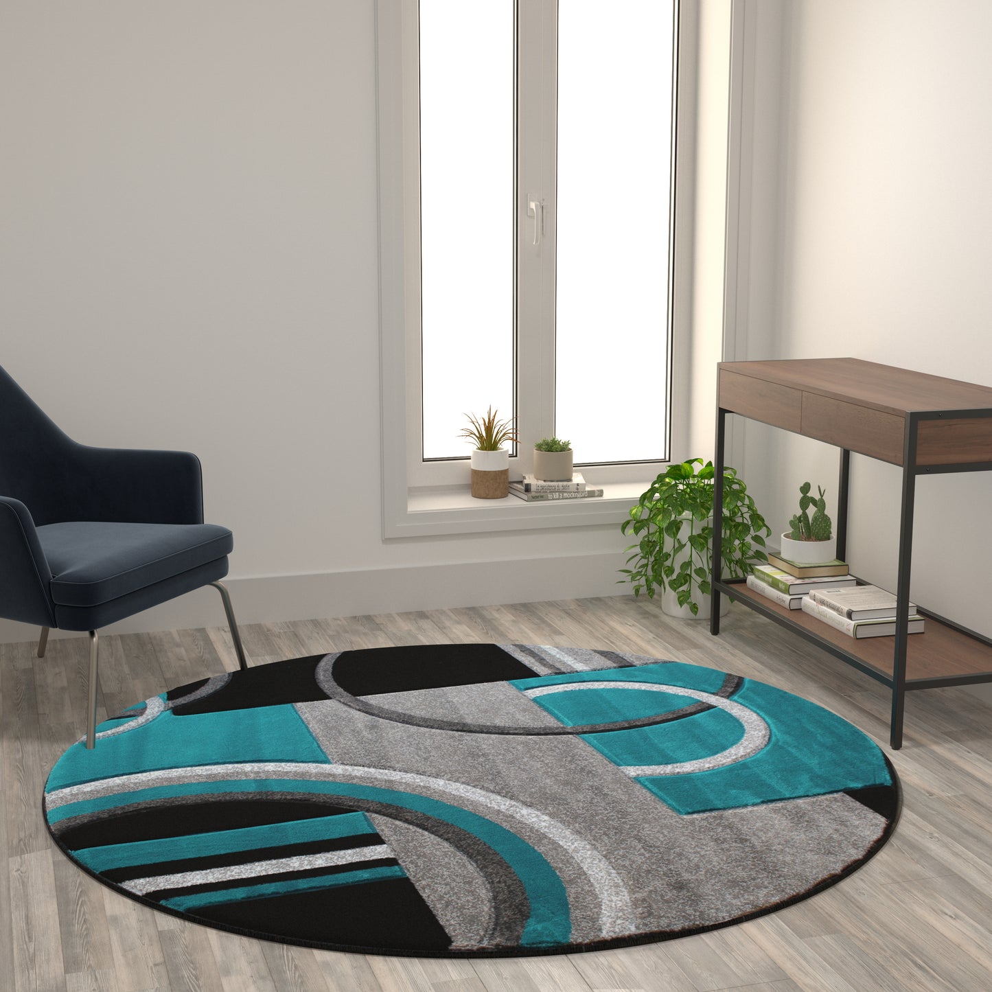 Audra Collection Round 5' x 5' Turquoise Abstract Area Rug - Olefin Rug with Jute Backing - Entryway, Living Room, or Bedroom Turquoise