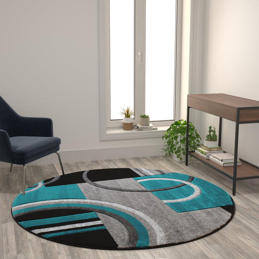 Audra Collection Round 5' x 5' Turquoise Abstract Area Rug - Olefin Rug with Jute Backing - Entryway, Living Room, or Bedroom Turquoise KP-RG953-55-TQ-GG