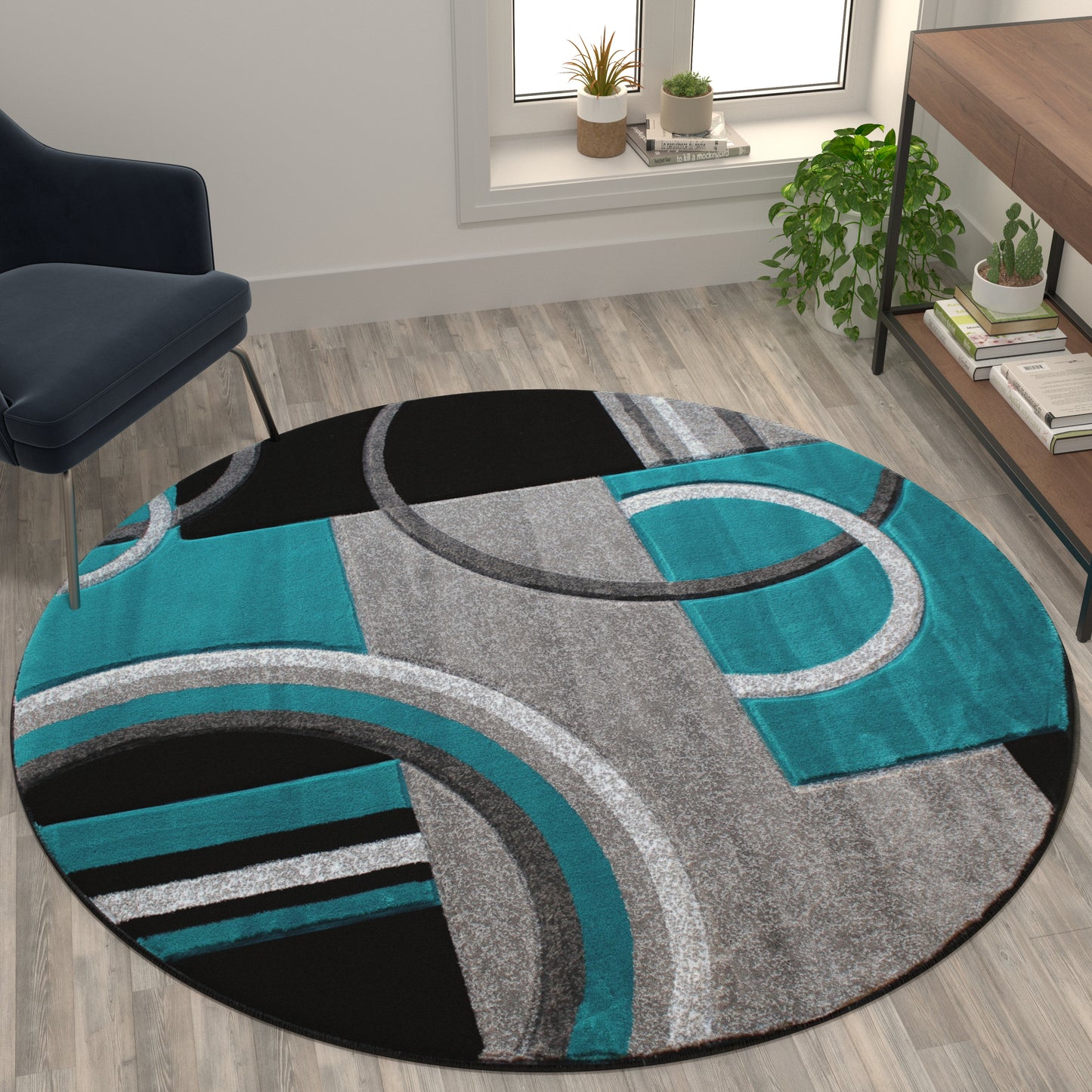 Audra Collection Round 5' x 5' Turquoise Abstract Area Rug - Olefin Rug with Jute Backing - Entryway, Living Room, or Bedroom Turquoise