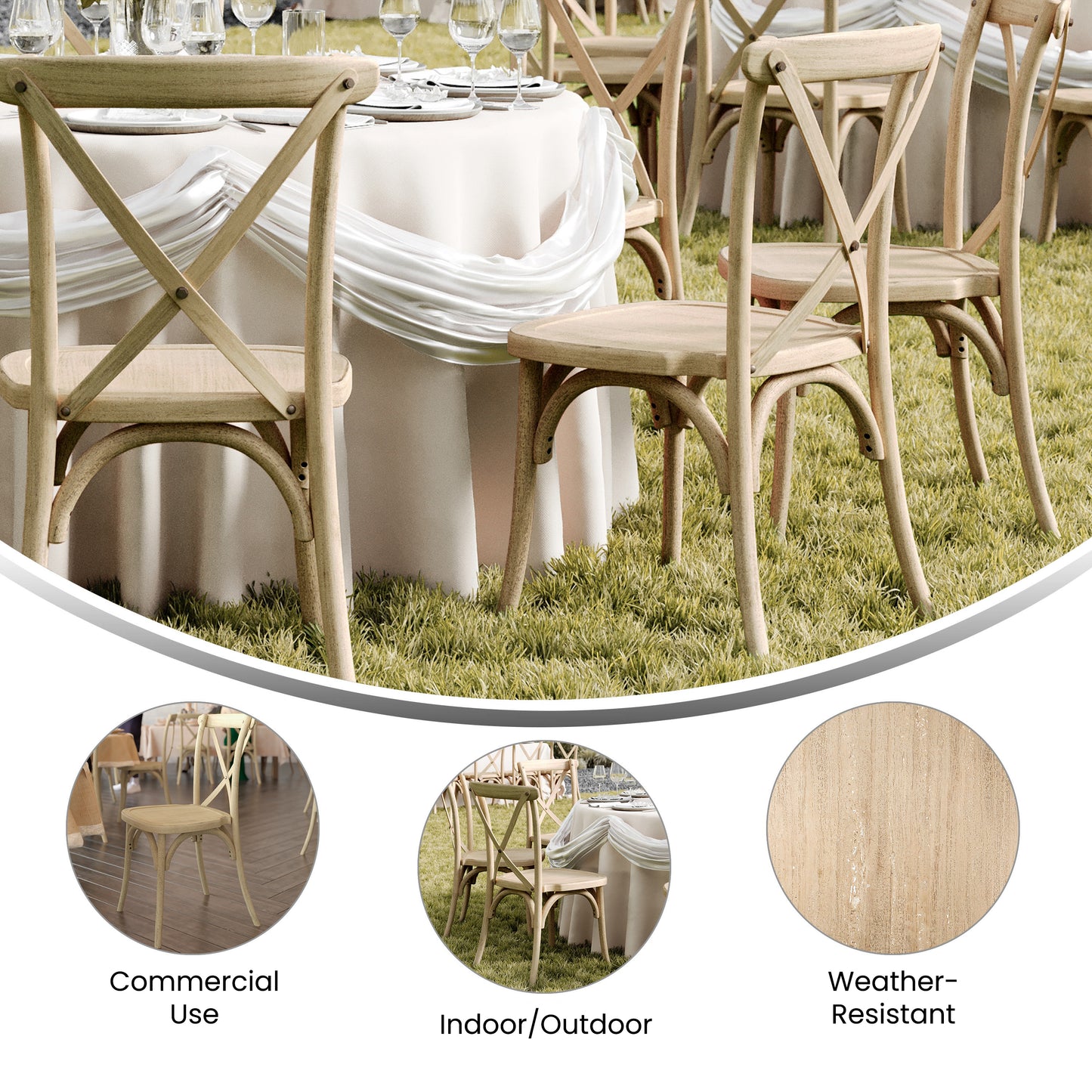HERCULES Commercial Light Oak Indoor/Outdoor Wood Look Stackable Resin Cross Back Chair Light Oak