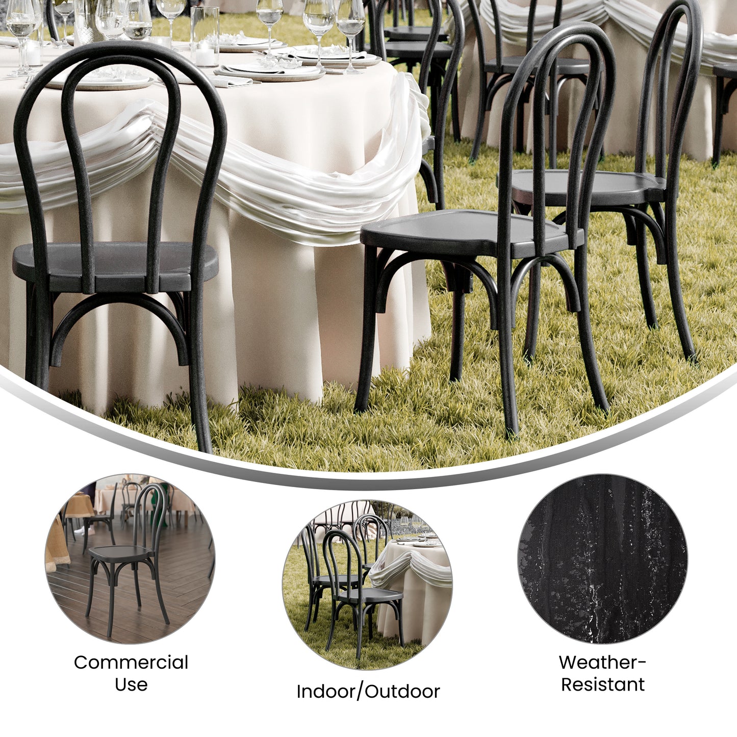 HERCULES Commercial Black Indoor/Outdoor Wood Look Stackable Resin Thonet Style Chair Black