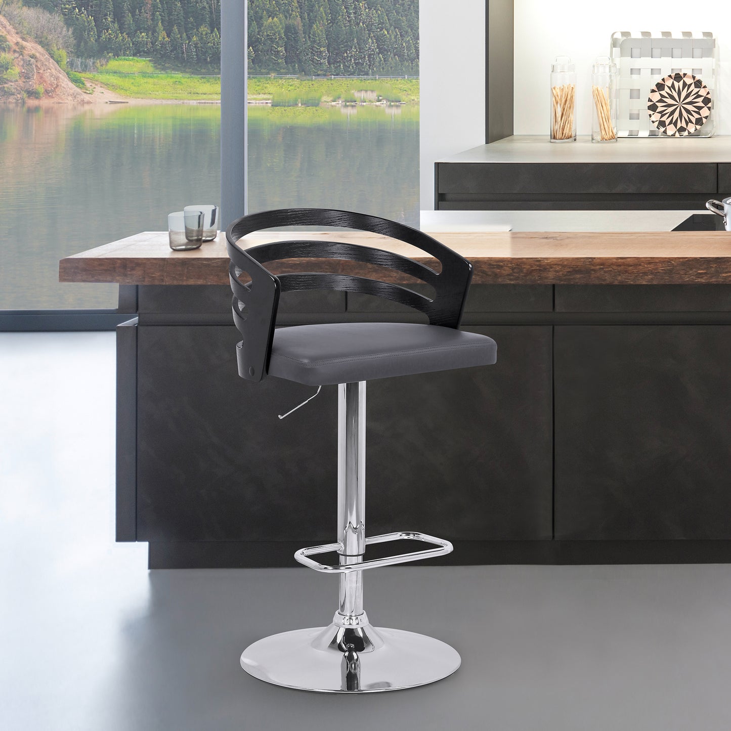 Adele Adjustable Height Swivel Faux Leather and Wood Bar Stool with Chrome Base