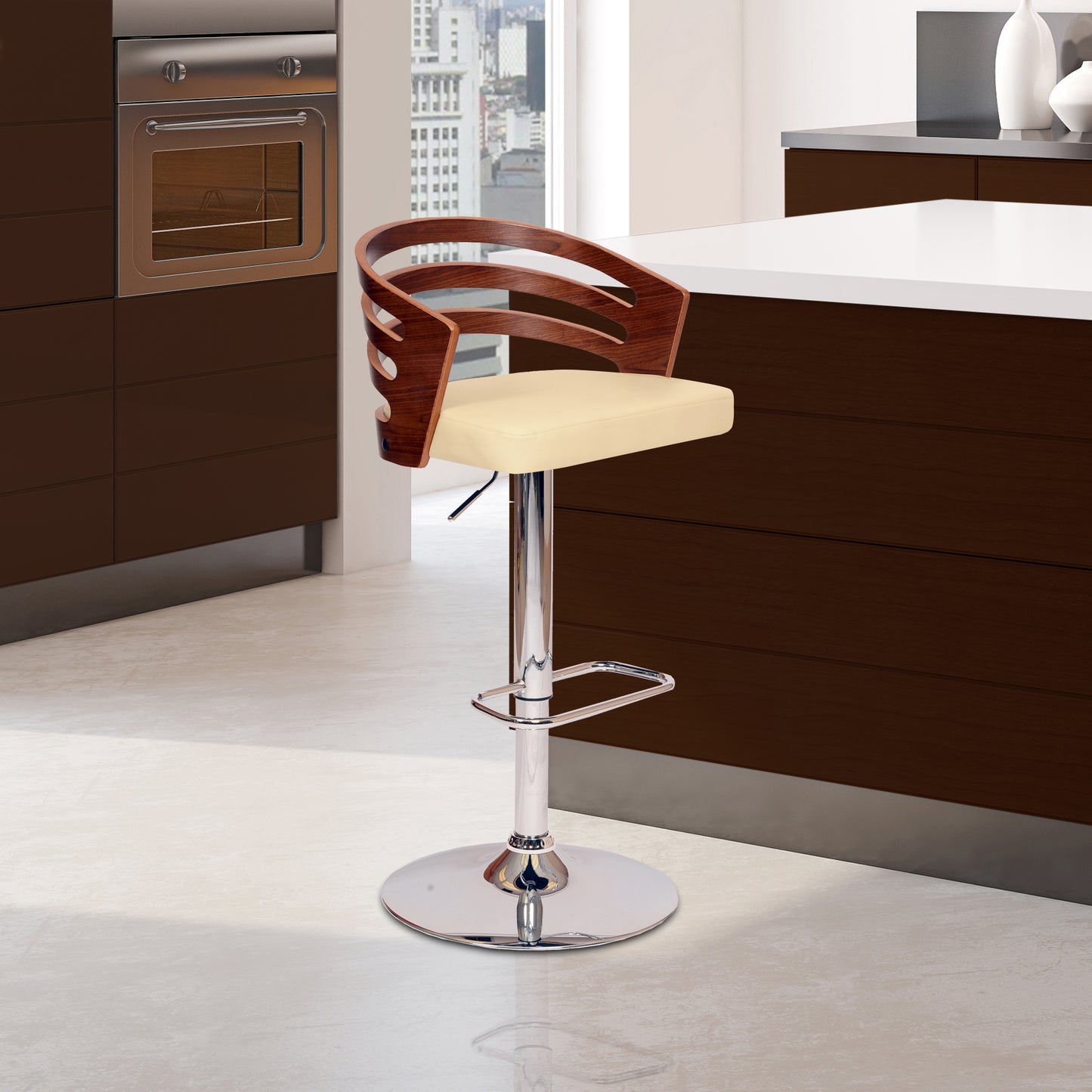 Adele Adjustable Height Swivel Faux Leather and Wood Bar Stool with Chrome Base