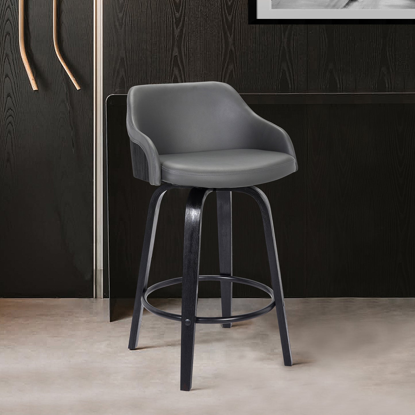 Alec Swivel Faux Leather and Wood Bar Stool in Counter and Bar Height