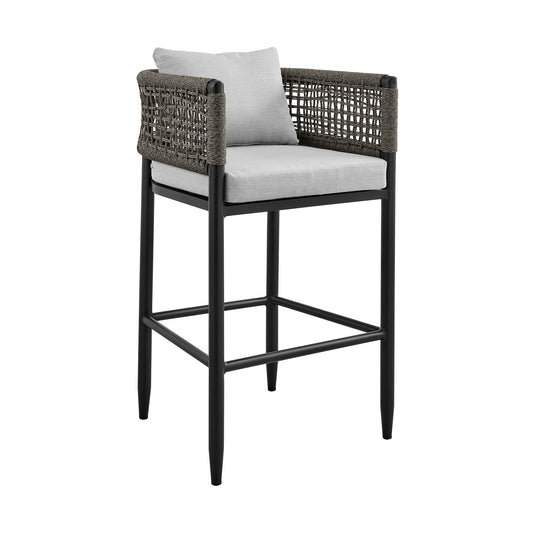 Alegria Outdoor Patio Bar Stool in Aluminum with Rope and Cushions