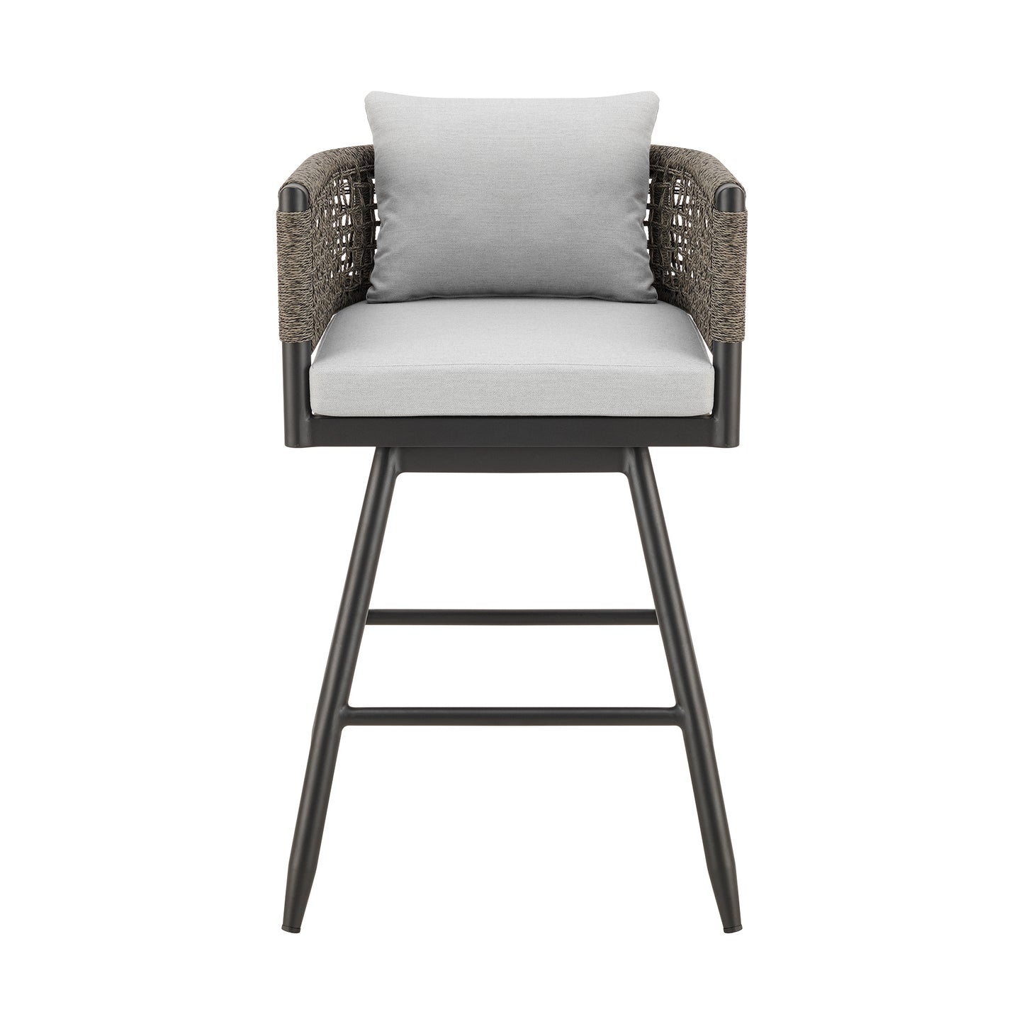 Alegria Outdoor Patio Swivel Counter Stool in Aluminum with Gray Rope and Light Gray Cushions