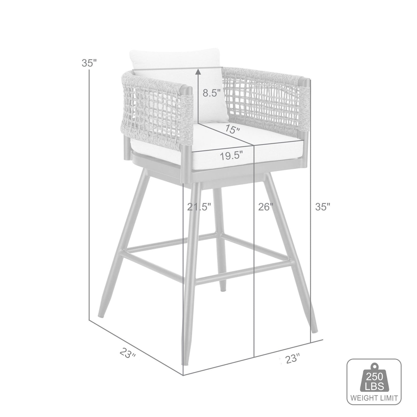 Alegria Outdoor Patio Swivel Counter Stool in Aluminum with Gray Rope and Light Gray Cushions
