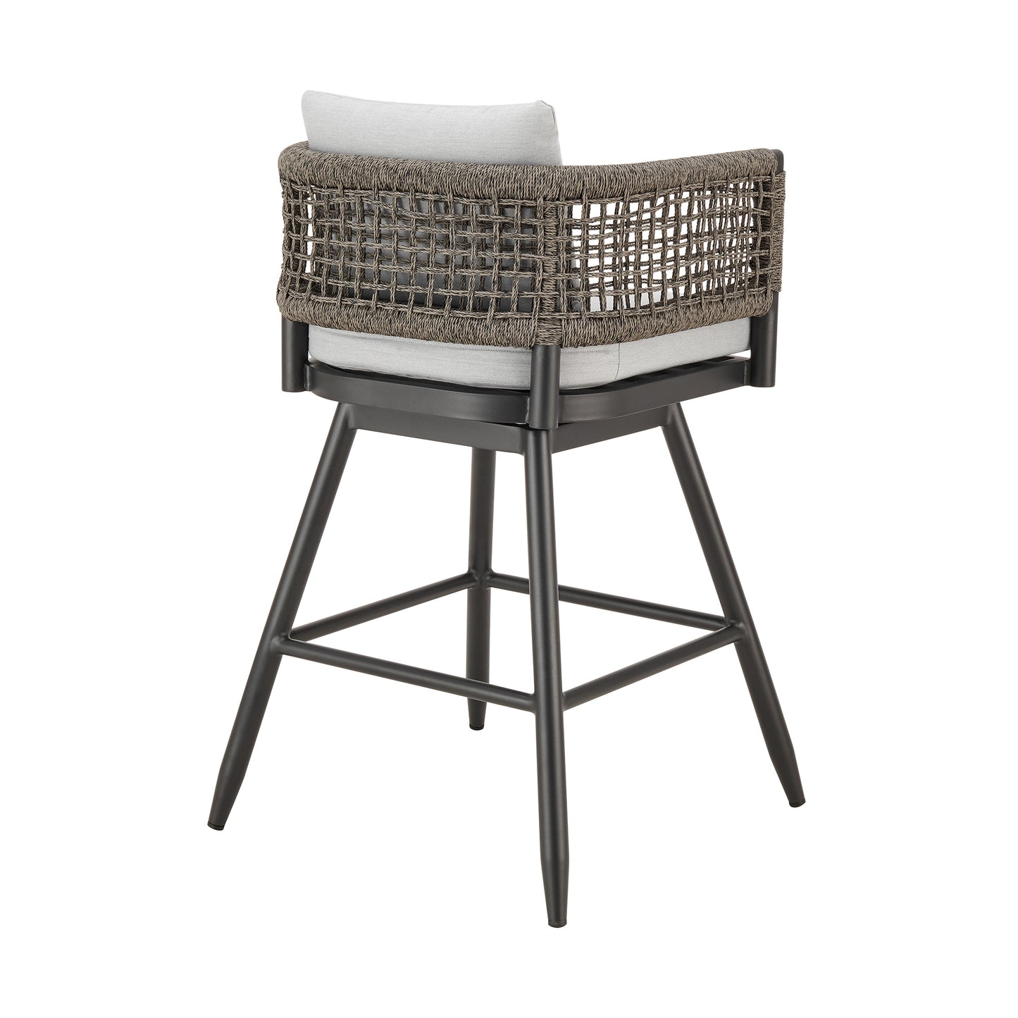 Alegria Outdoor Patio Swivel Stool in Aluminum with Gray Rope and Cushions