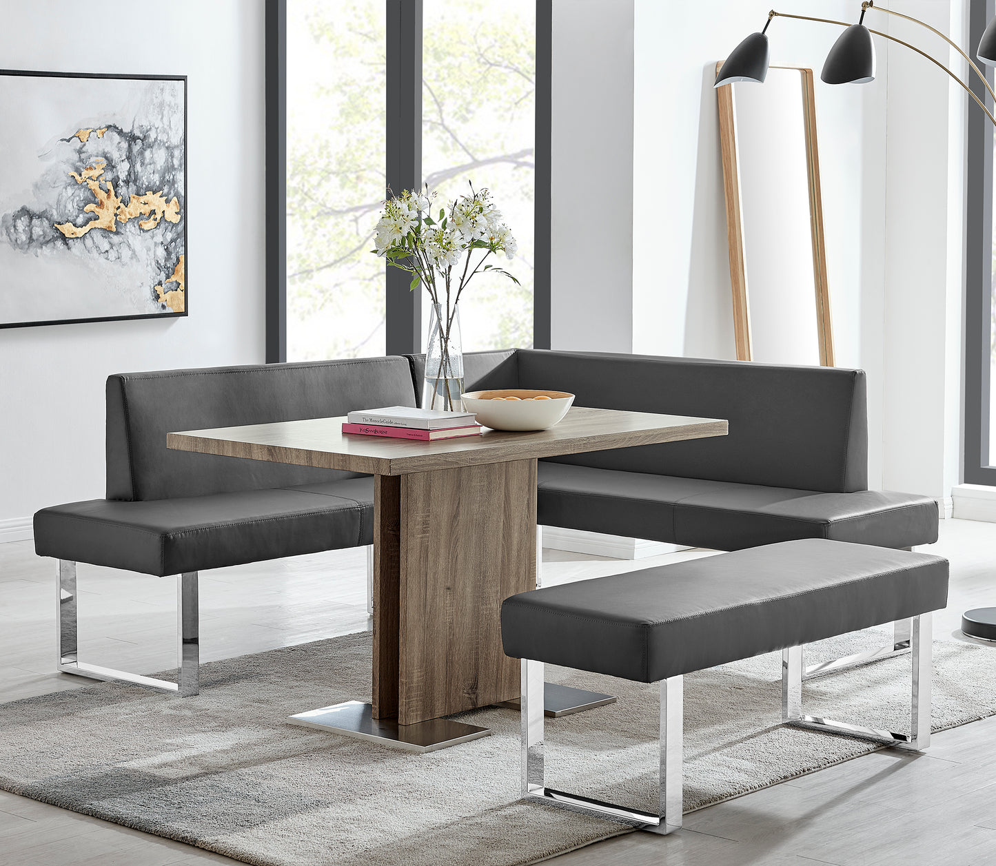 Amanda Contemporary Dining Bench in Gray Faux Leather and Chrome Finish
