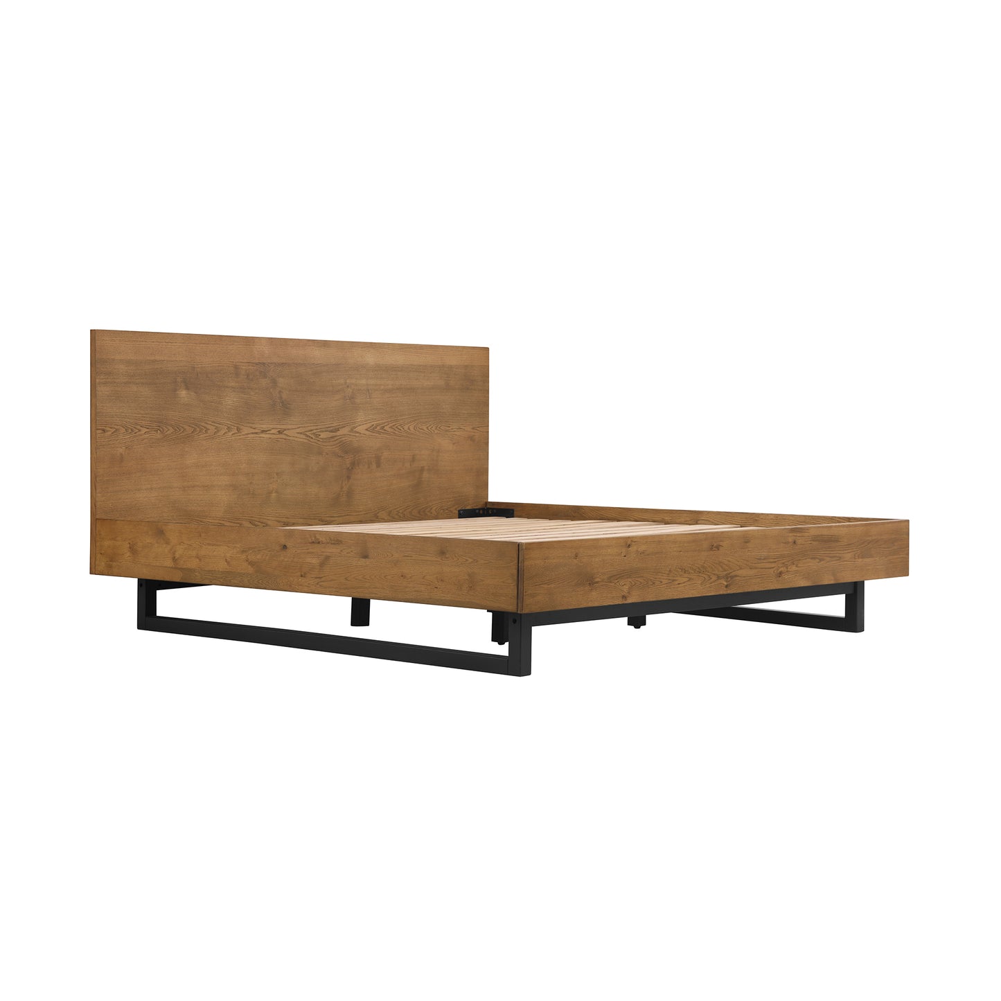 Aldo Brown Oak Wood Platform Bed Frame with Black Metal Legs