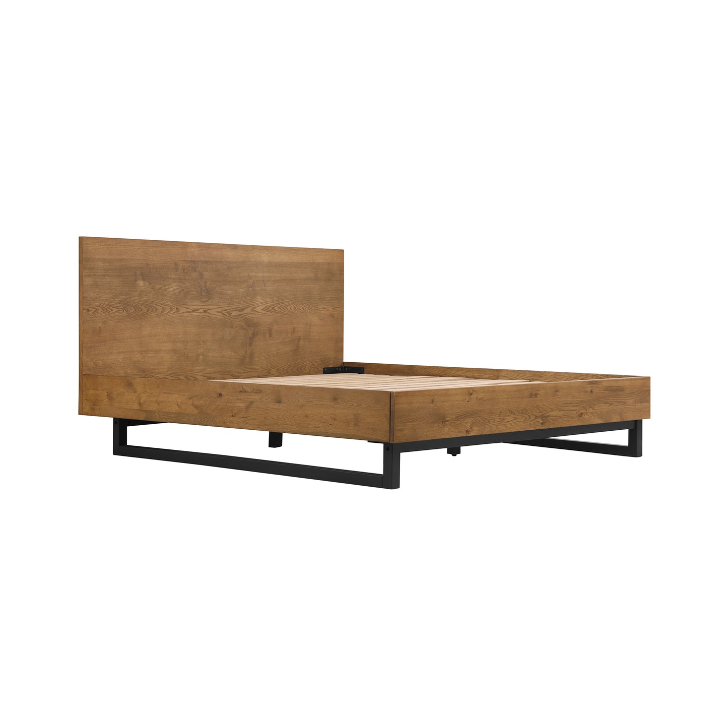 Aldo Brown Oak Wood Platform Bed Frame with Black Metal Legs