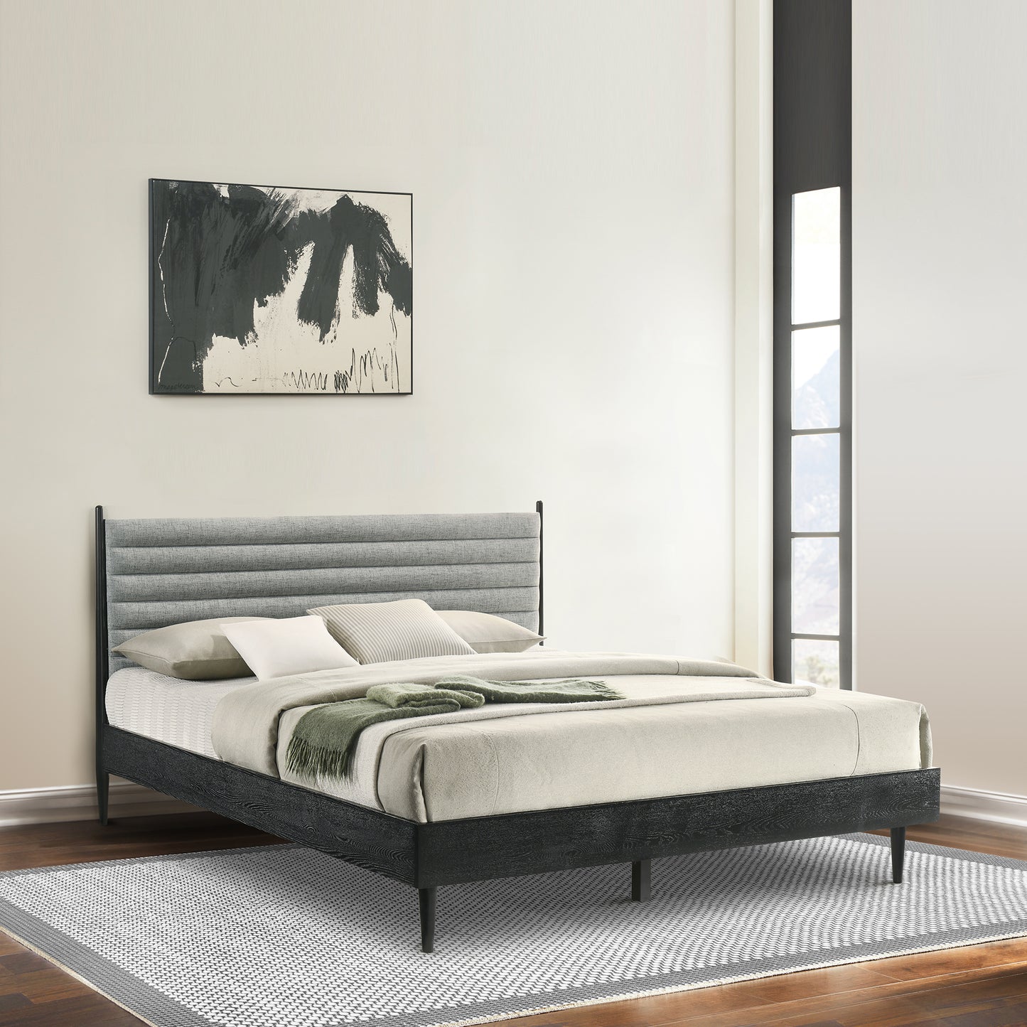 Artemio Platform Wood Bed Frame in Black and Walnut Finish - King and Queen Sizes