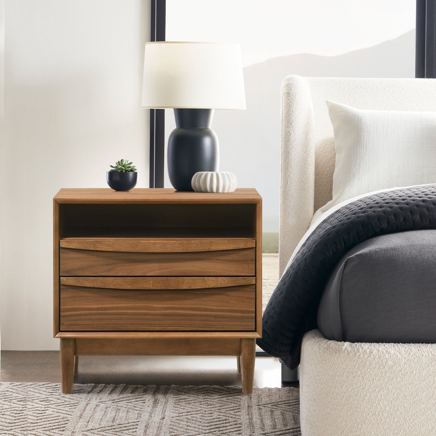 Artemio 2 Drawer Wood Nightstand with Shelf in Walnut Finish