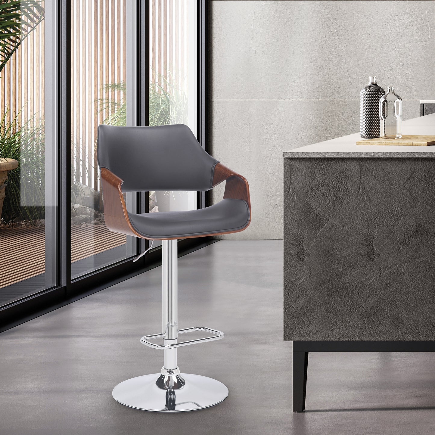 Aspen Adjustable Swivel Faux Leather and Walnut Wood Bar Stool with Base