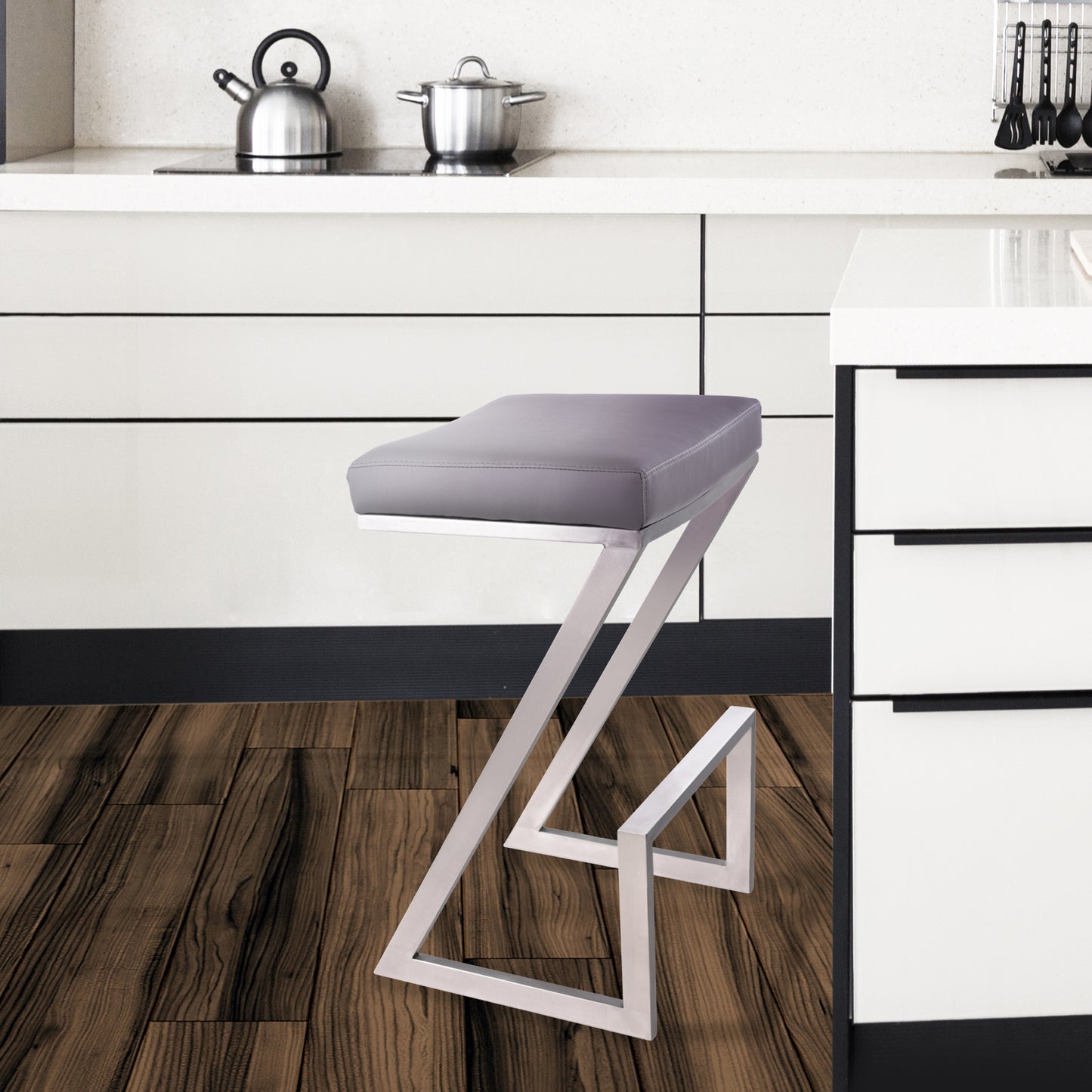 Atlantis 26" Counter Height Backless Gray Faux Leather and Brushed Stainless Steel Bar Stool