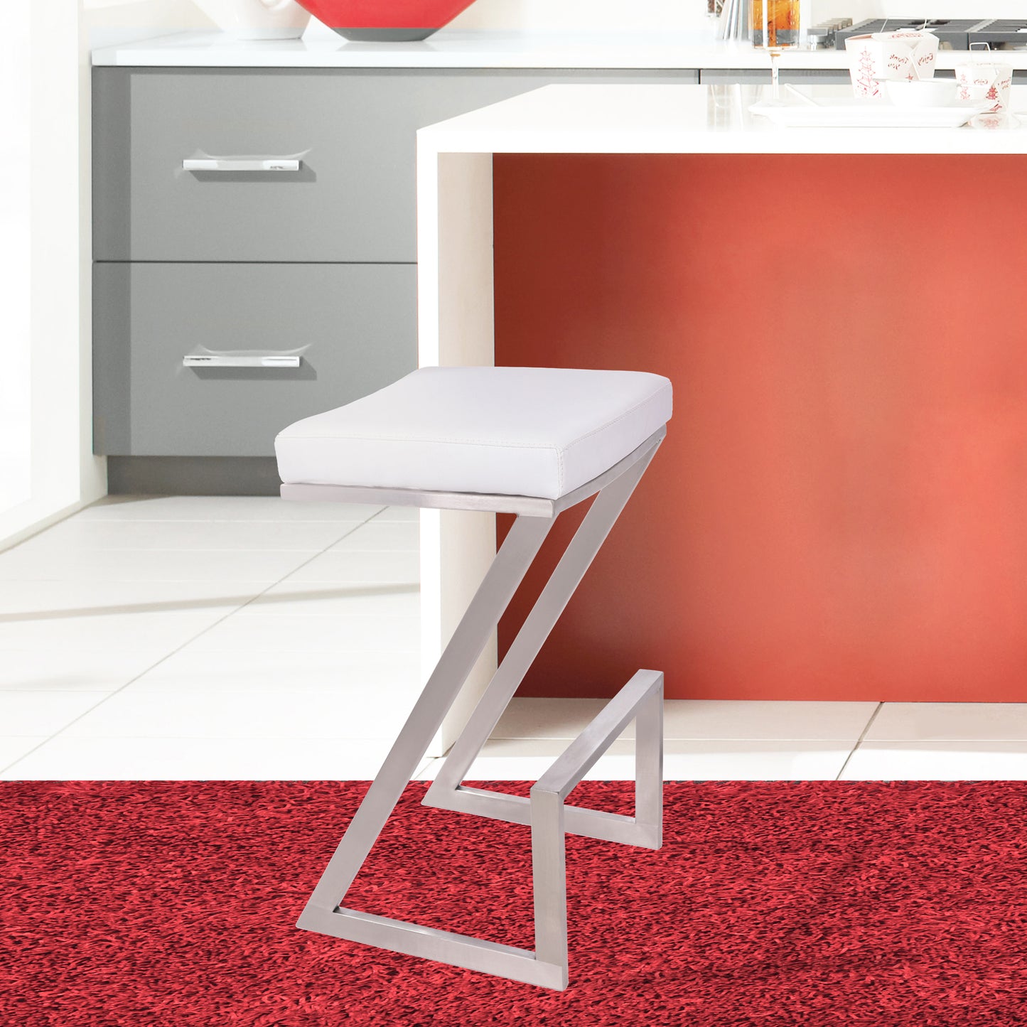 Atlantis 26" Counter Height Backless Faux Leather and Brushed Stainless Steel Bar Stool