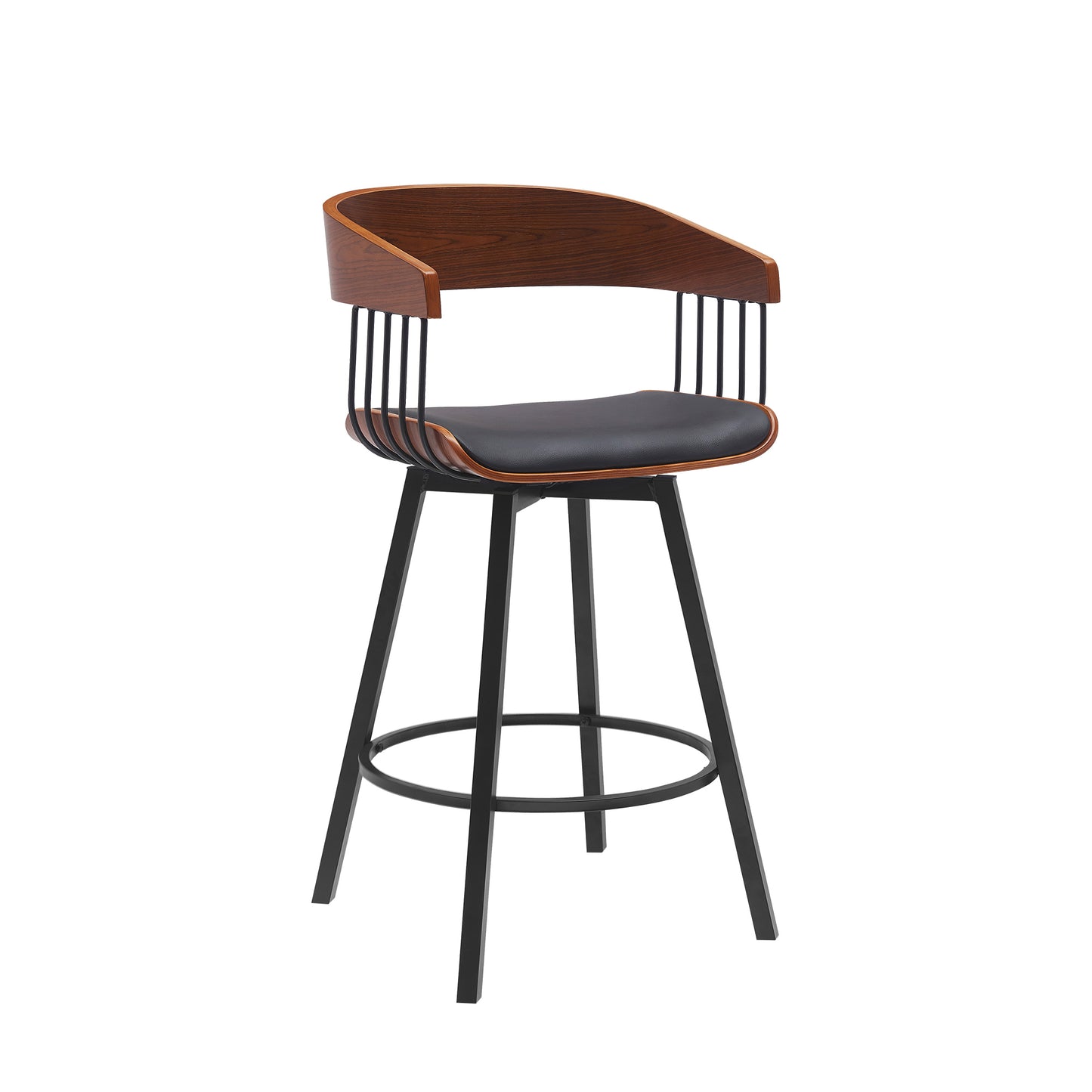 Athena Swivel Wood Counter and Bar Stool with Black Metal Base