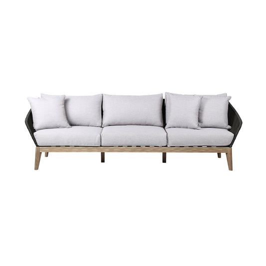 Athos Indoor Outdoor 3 Seater Sofa in Light Eucalyptus Wood with Charcoal Rope and Gray Cushions